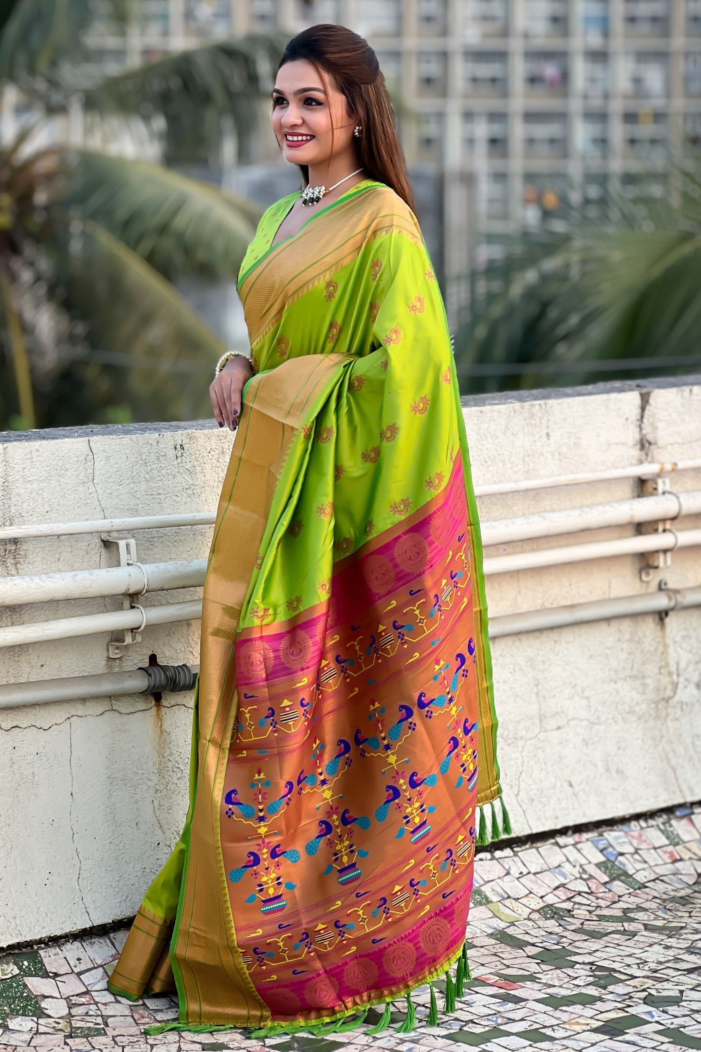 Buy MySilkLove Parrot Green Zari Woven Nath Paithani Saree Online