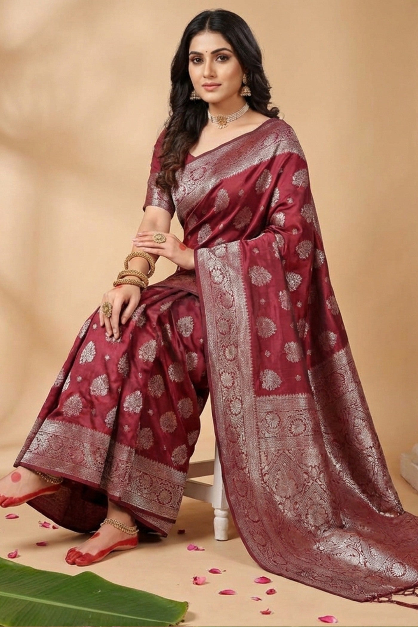 MySilkLove Tan Maroon Banarasi Woven Silk Saree