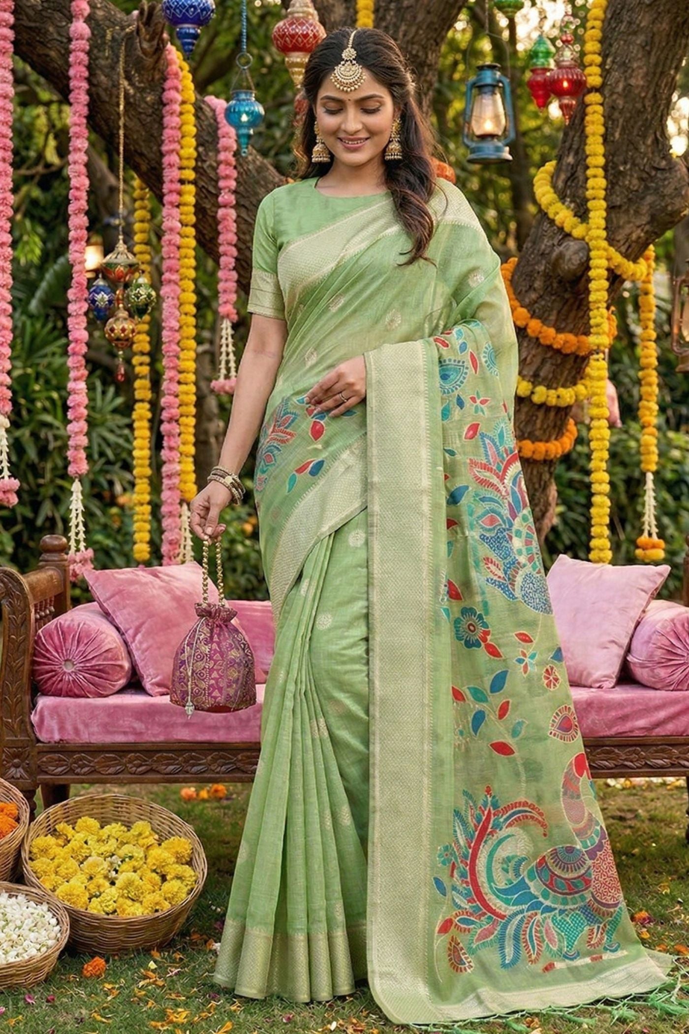MySilkLove Pista Green Woven Linen Cotton Saree