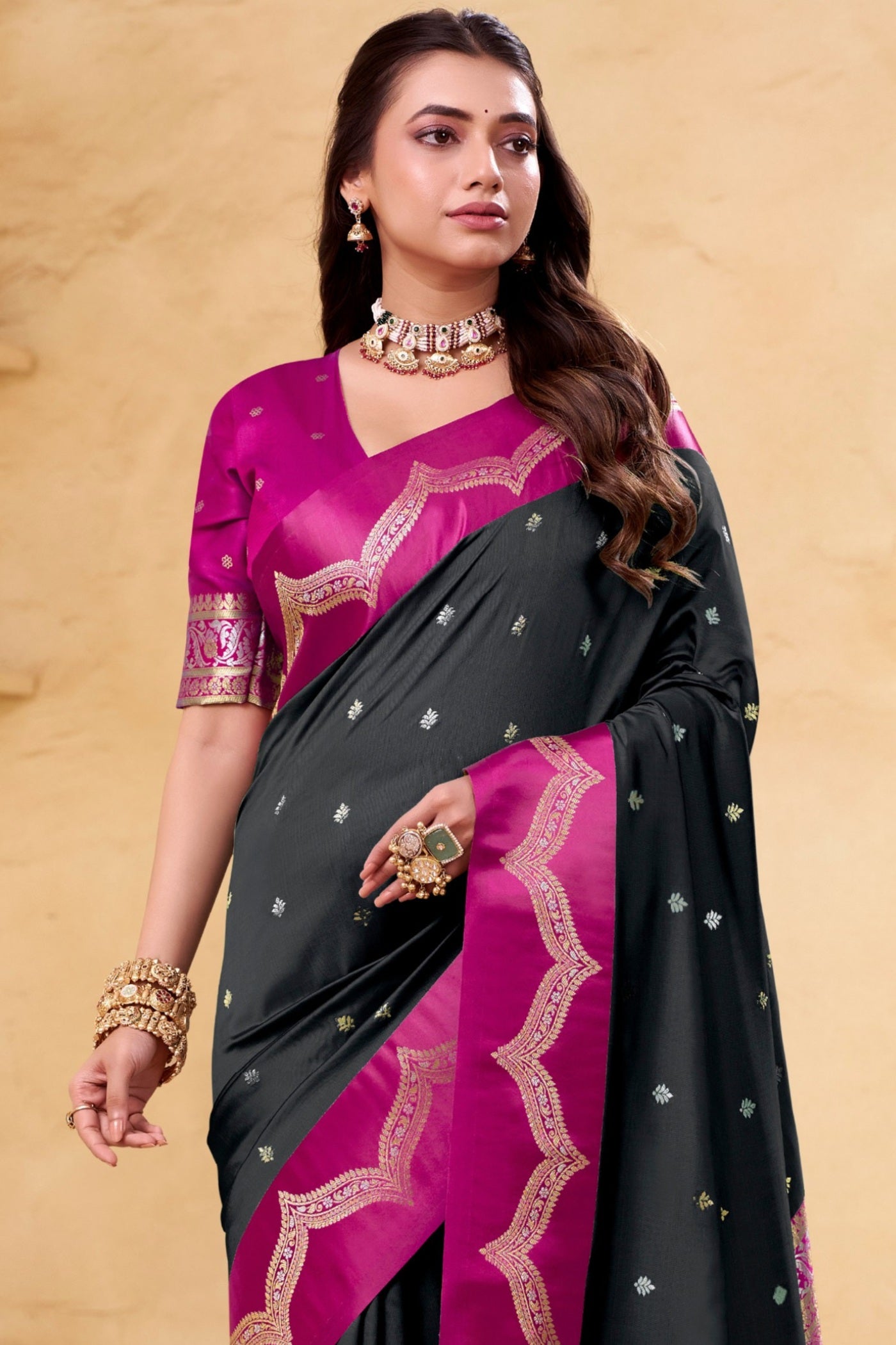 Buy MySilkLove Tuna Black Woven Banarasi Satin Soft Silk Saree Online