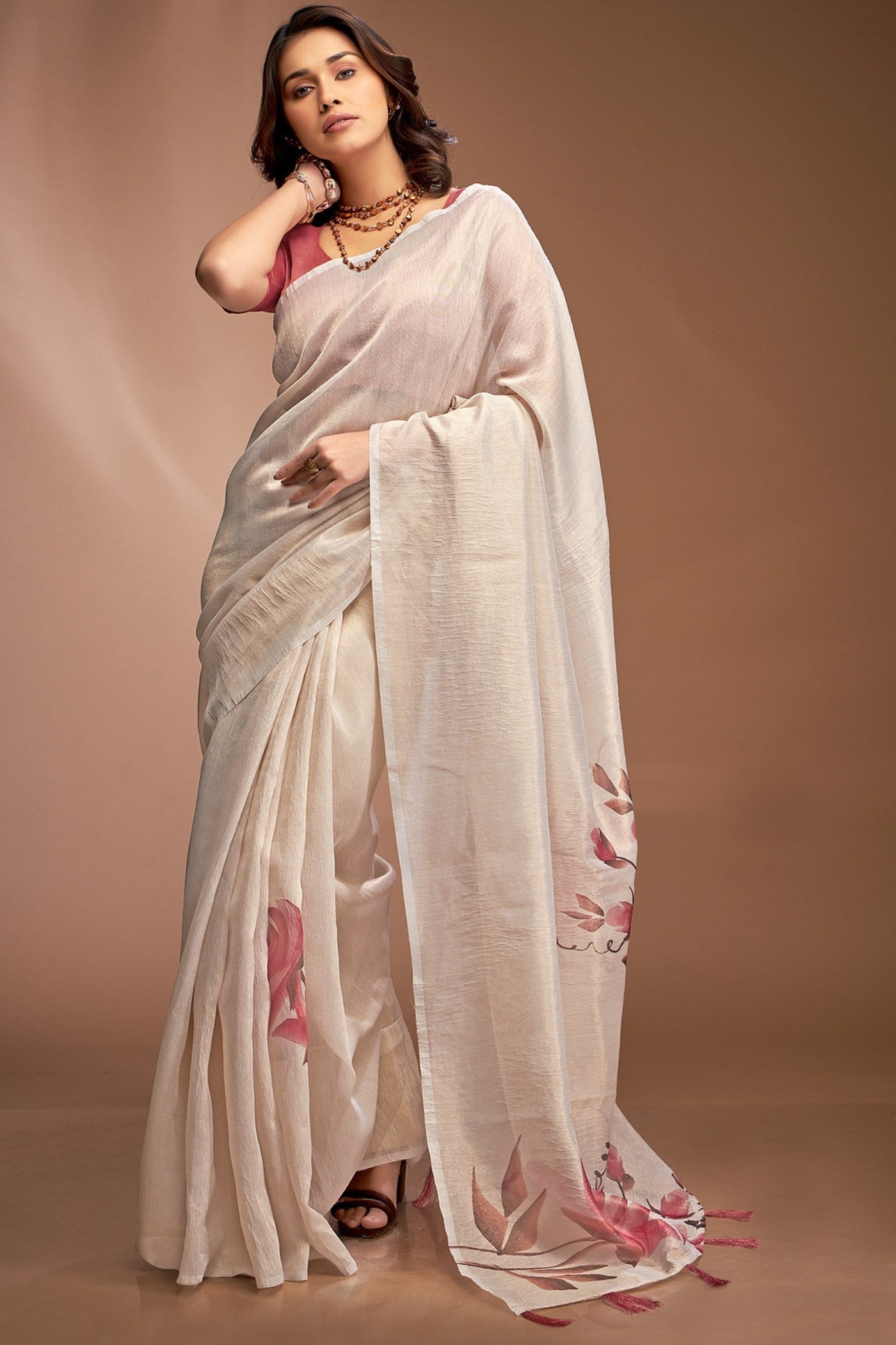 Buy MySilkLove Jasmine White Printed Tissue Saree Online