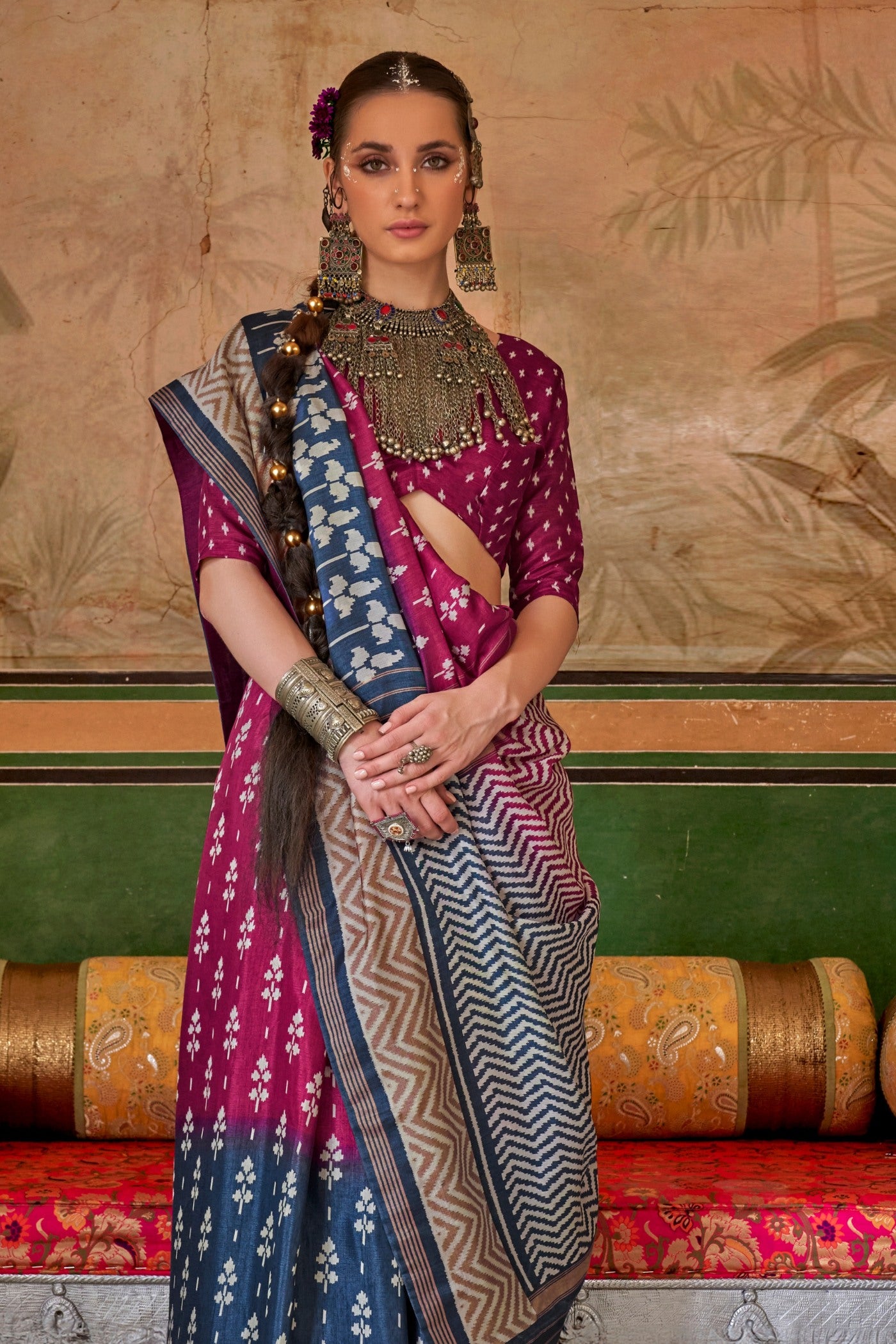 Buy MySilkLove Night Shadz Purple and Blue Printed Patola Saree Online