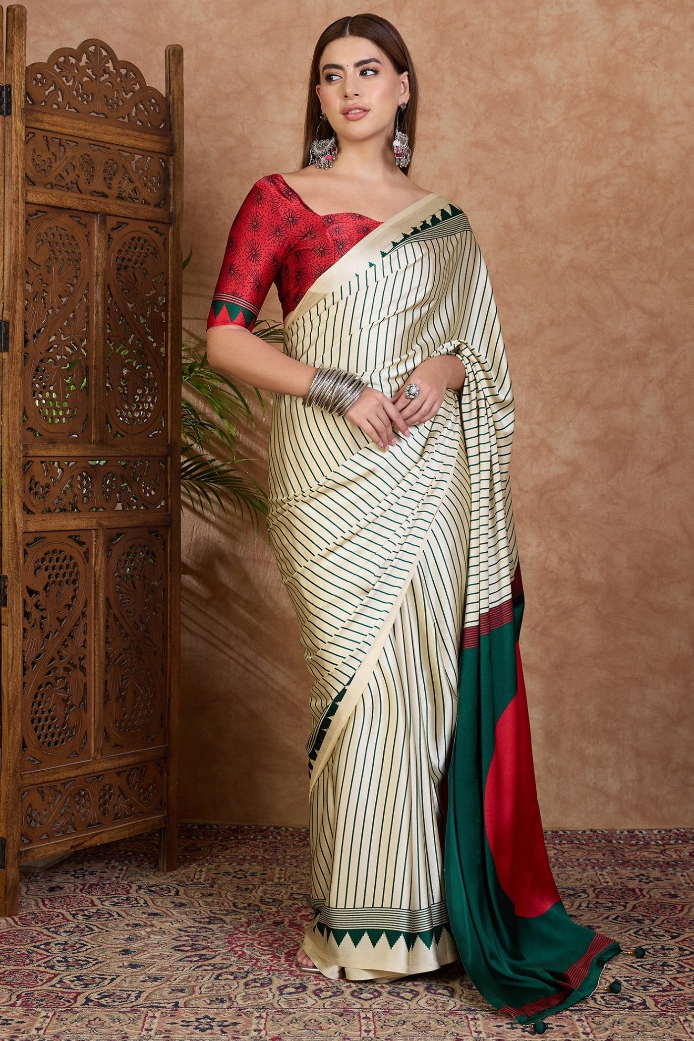 Buy MySilkLove Powder White and Green Stripe Ajrakh Printed Satin Crepe Silk Saree Online