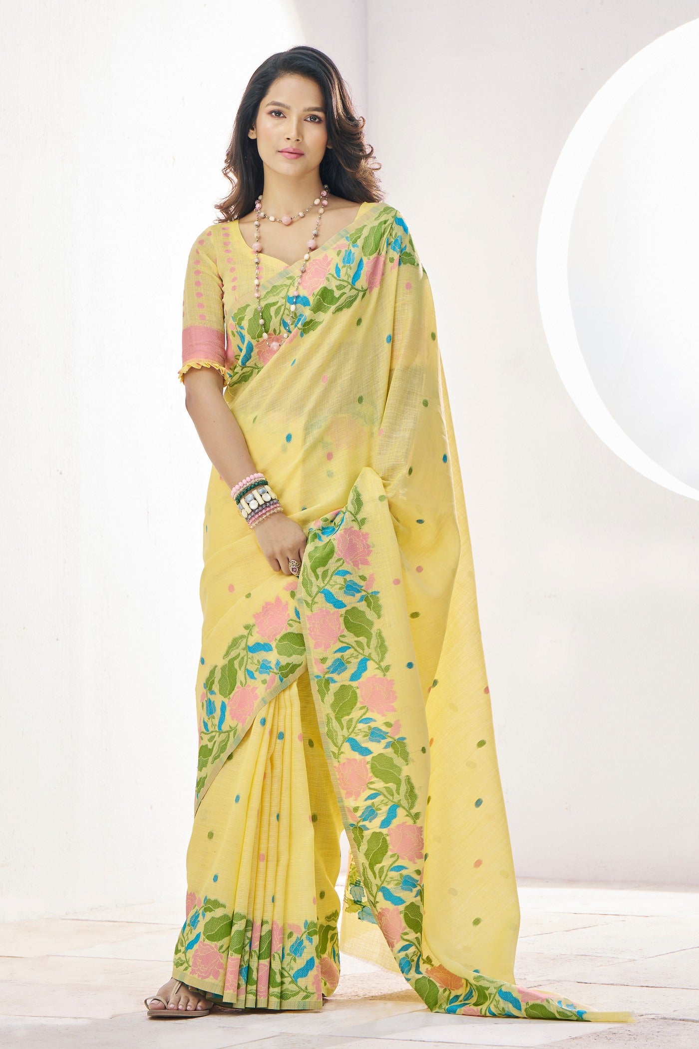 Buy MySilkLove Putty Yellow Printed Linen Saree Online