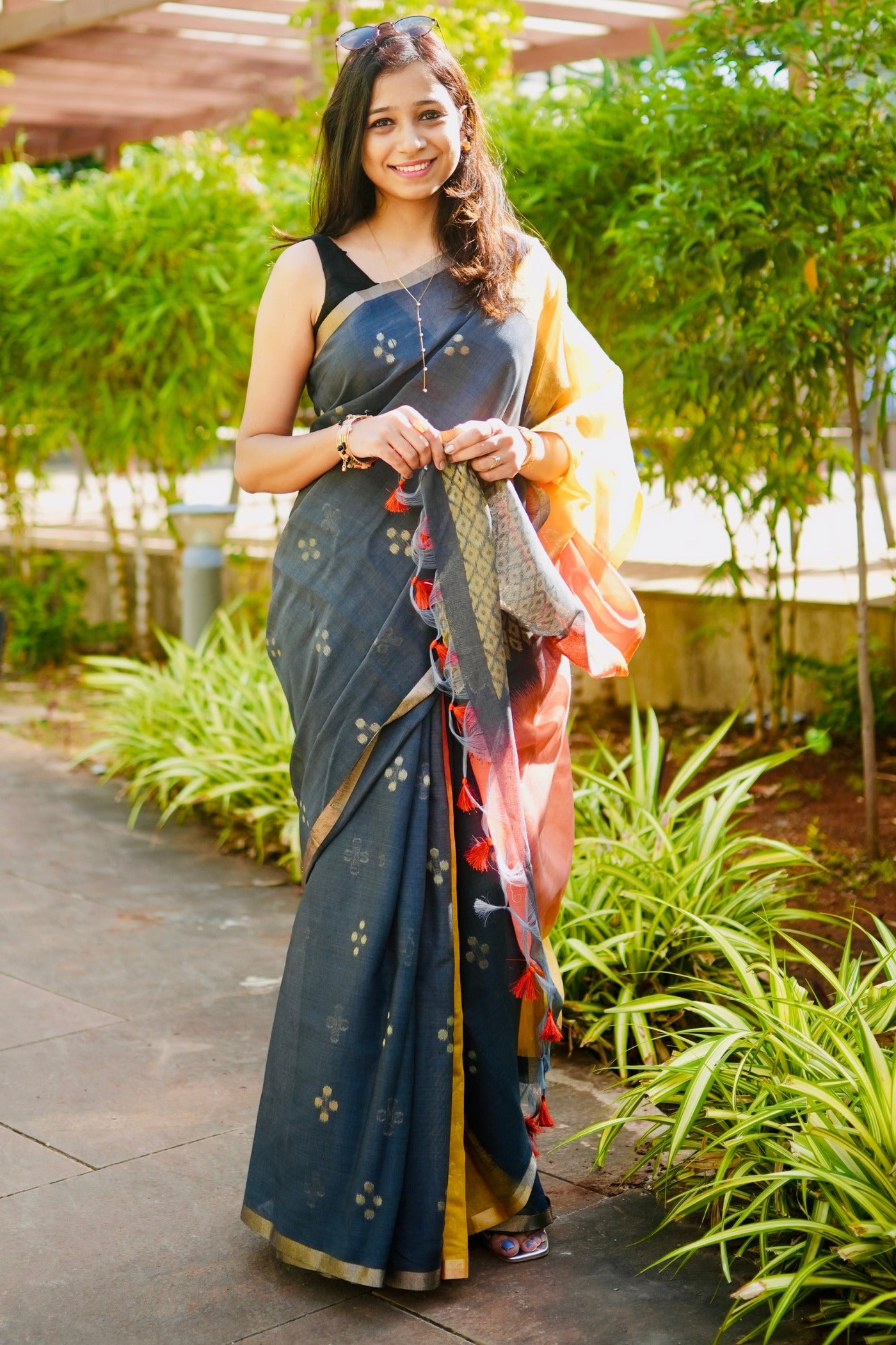 Buy MySilkLove Ink Black and Yellow Handloom Cotton Saree Online
