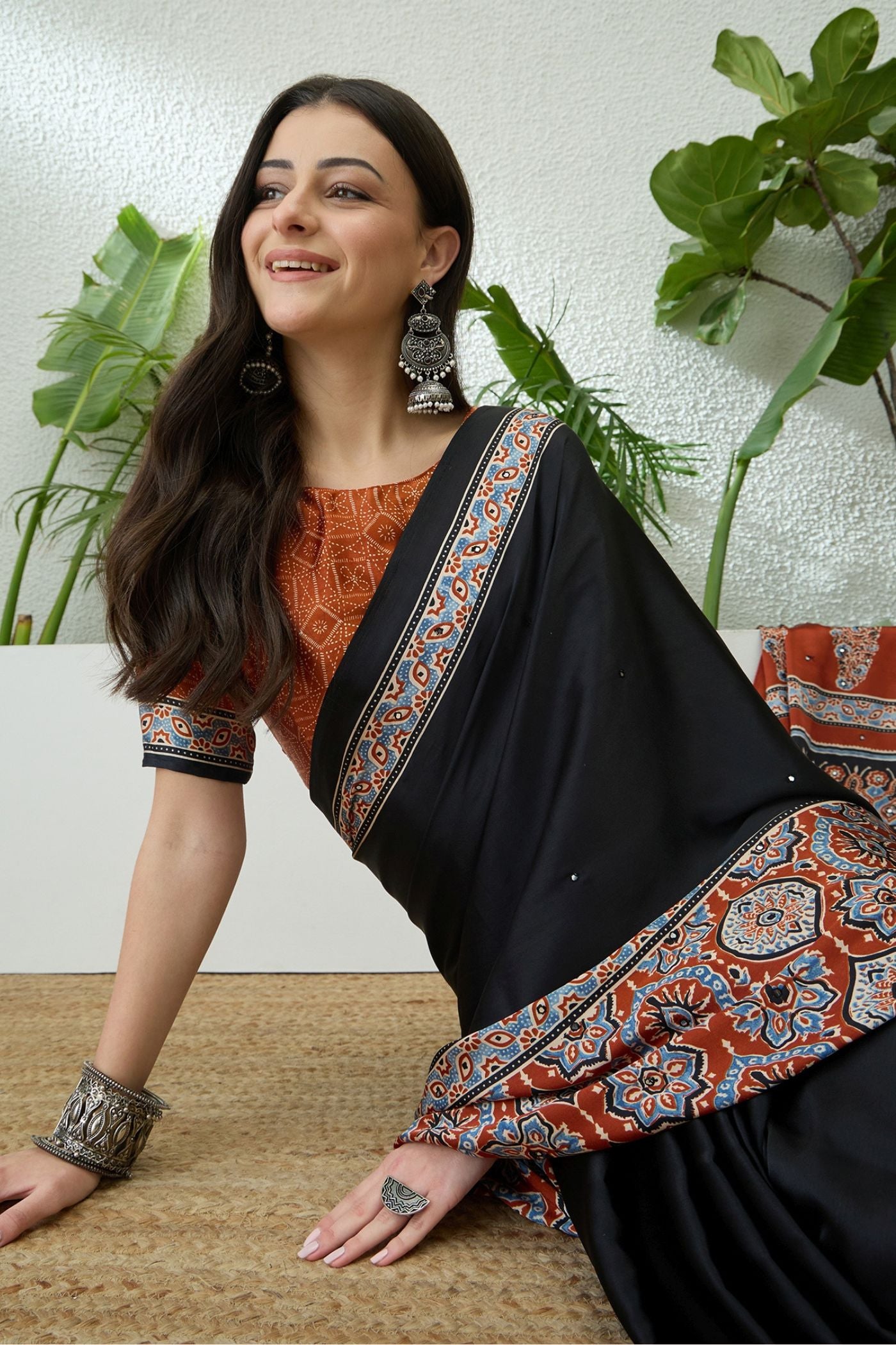 Buy MySilkLove Noir Black and Orange Modal Ajrakh Satin Printed Silk Saree Online