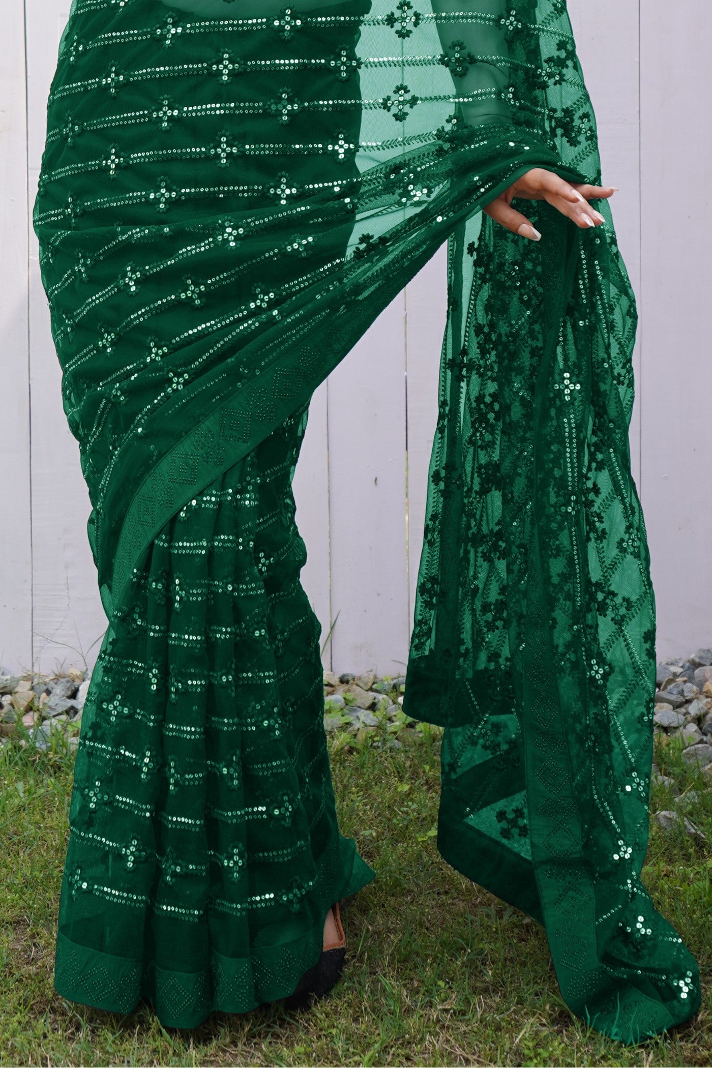 Buy MySilkLove Dark Jugle Green Embroidered Partywear Saree Online