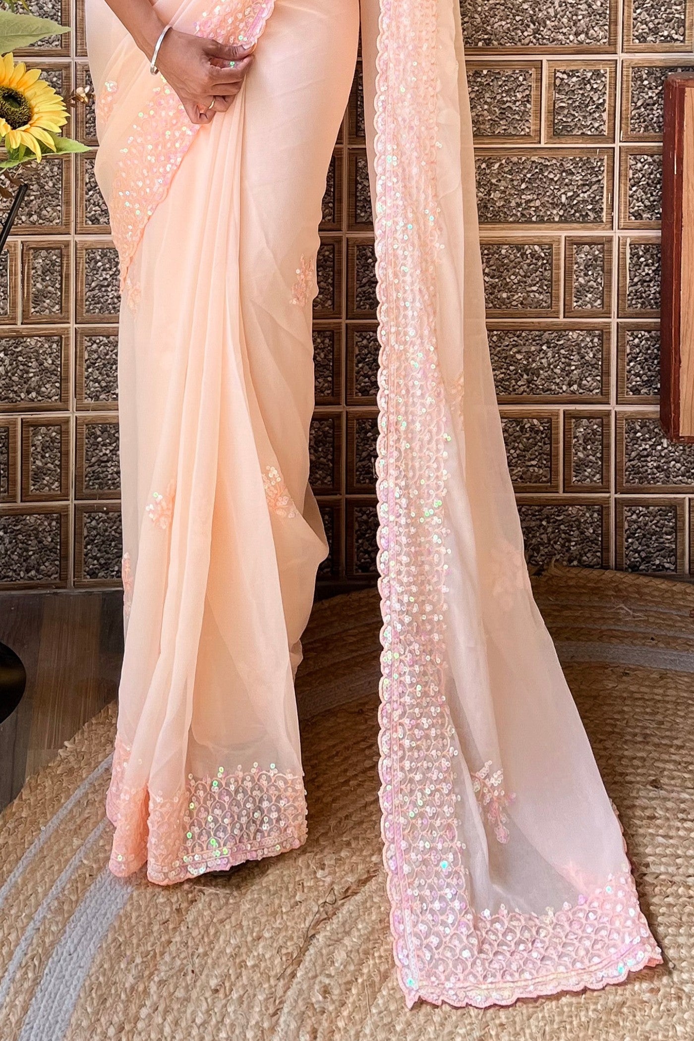 Buy MySilkLove Peach Carnations Embroidery Georgette saree Online