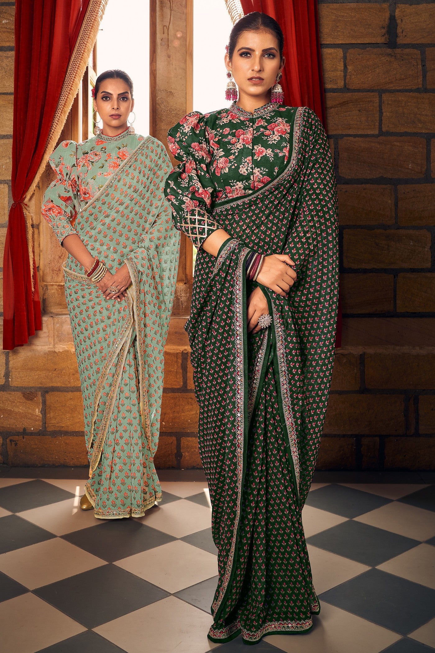 MySilkLove Dark Leaf Green Georgette Digital Printed Saree