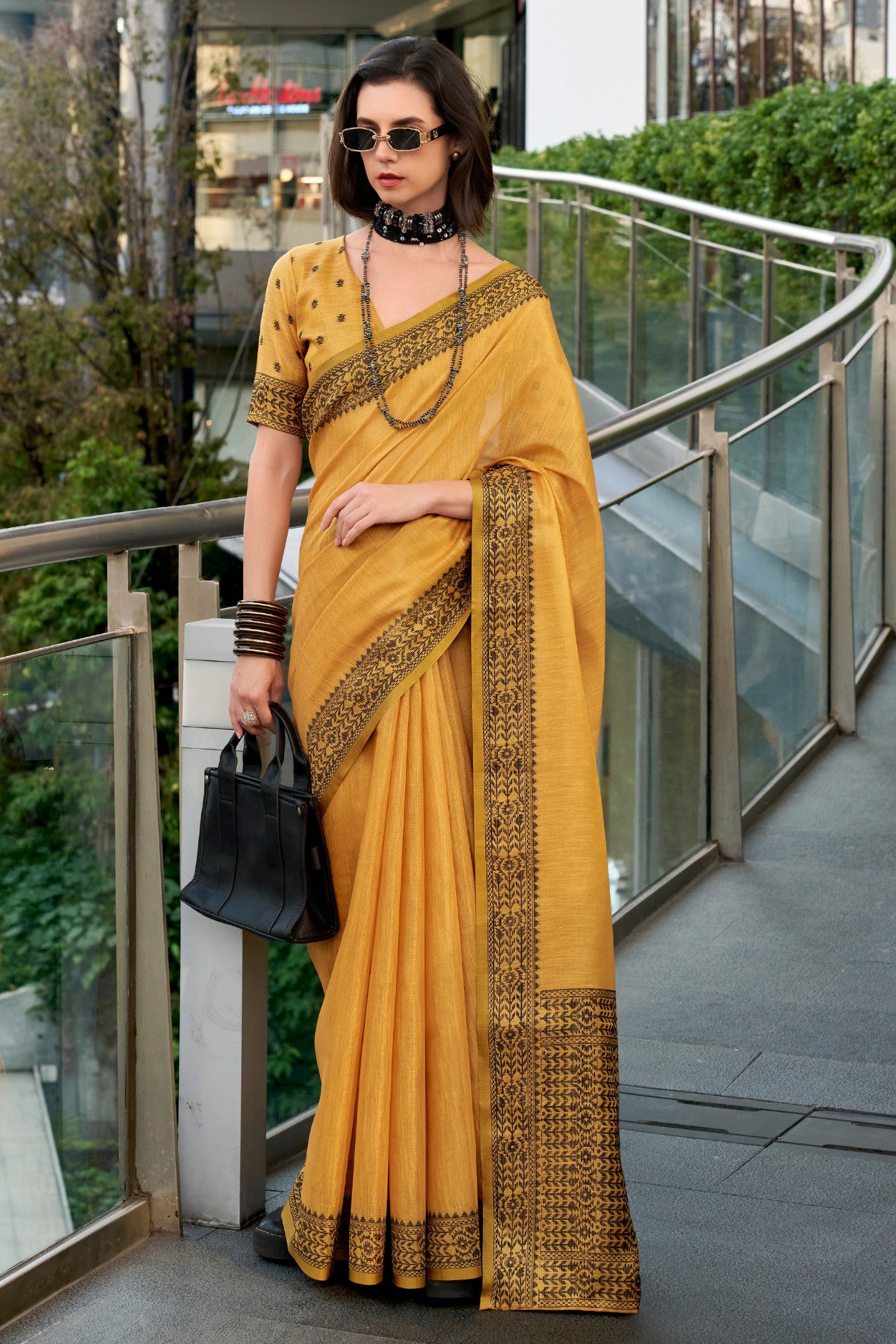 Buy MySilkLove Cadmium Yellow Linen Tissue Silk Saree Online