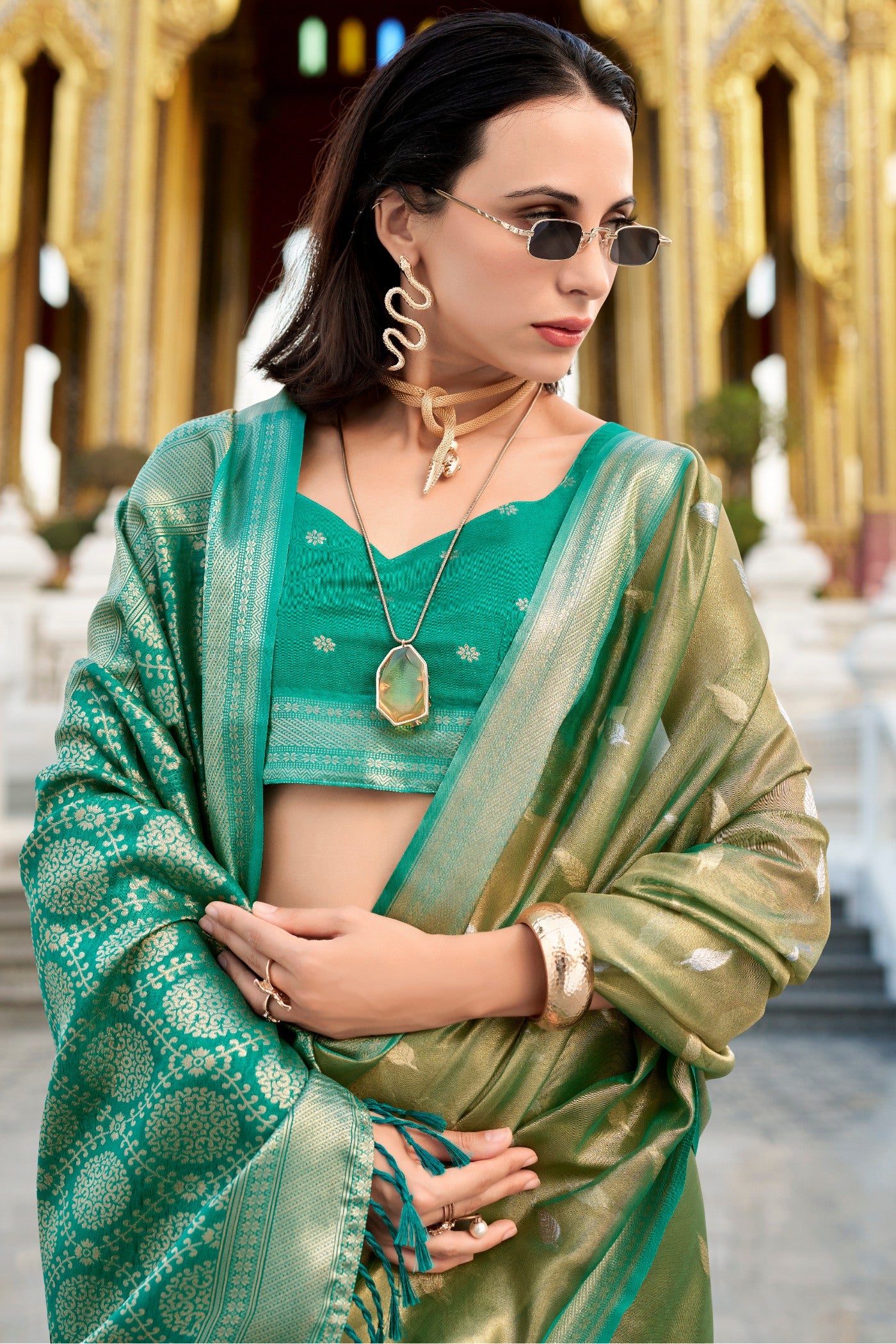 Buy MySilkLove Sapling Green Tissue Silk Saree Online