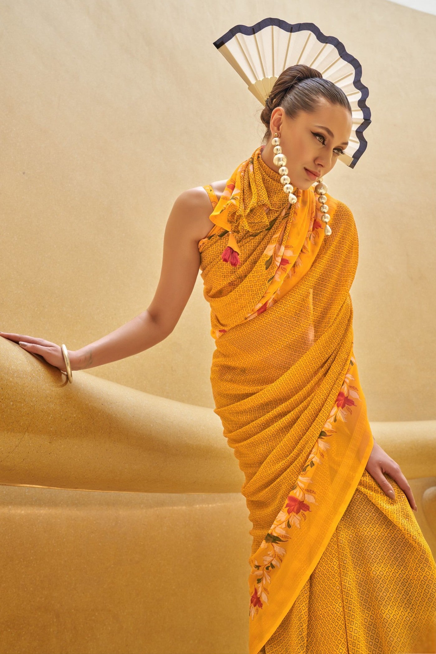 Buy MySilkLove Tulip Yellow Georgette Printed Saree Online