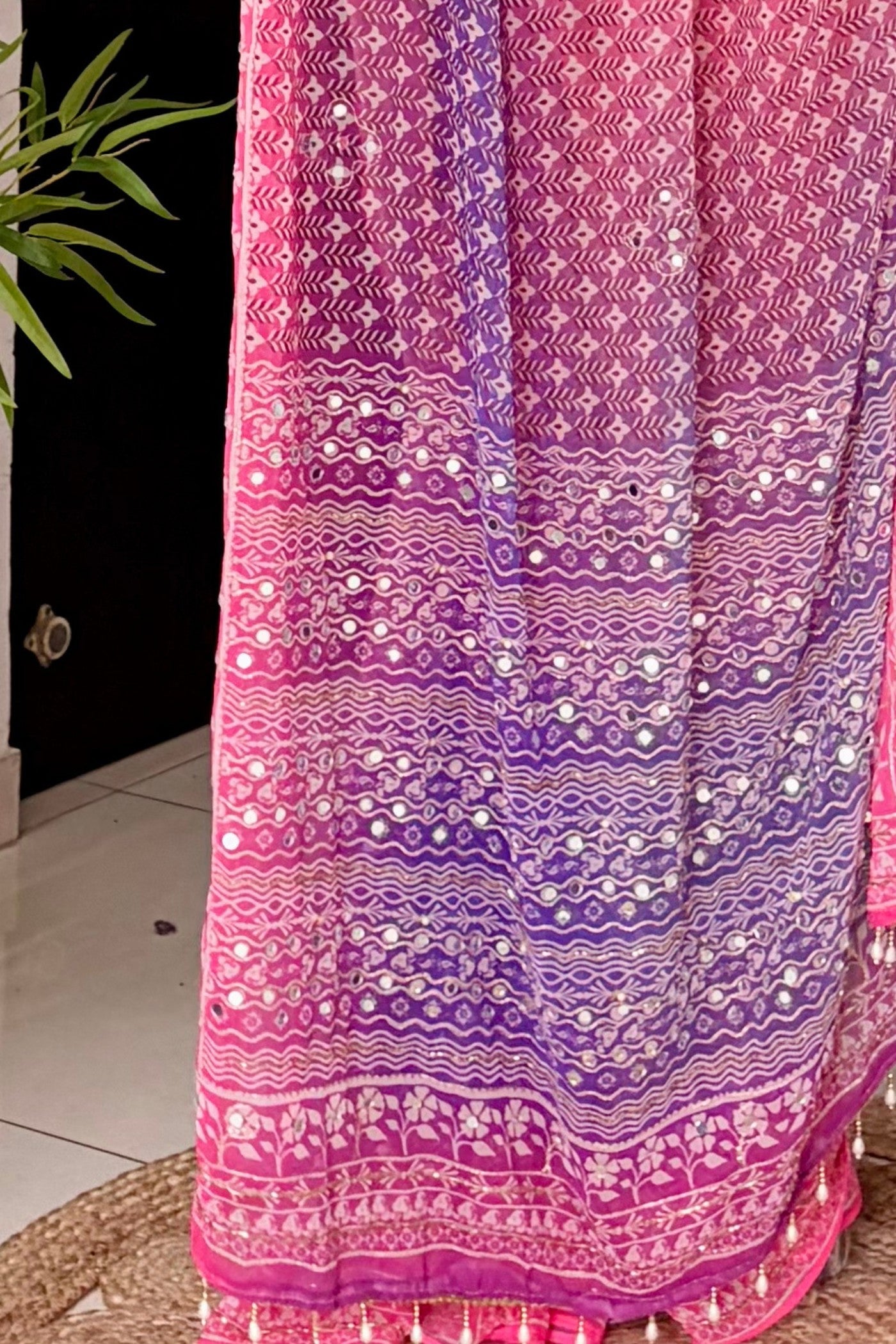 Buy MySilkLove Kareena Kapoor Inspired: Pink Ajrakh Georgette Mirror Work Saree Online