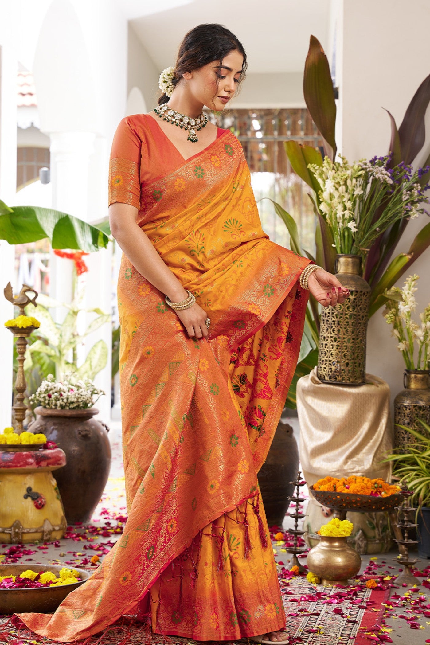 Buy MySilkLove Saffron Yellow Banarasi Woven Soft Silk Saree Online