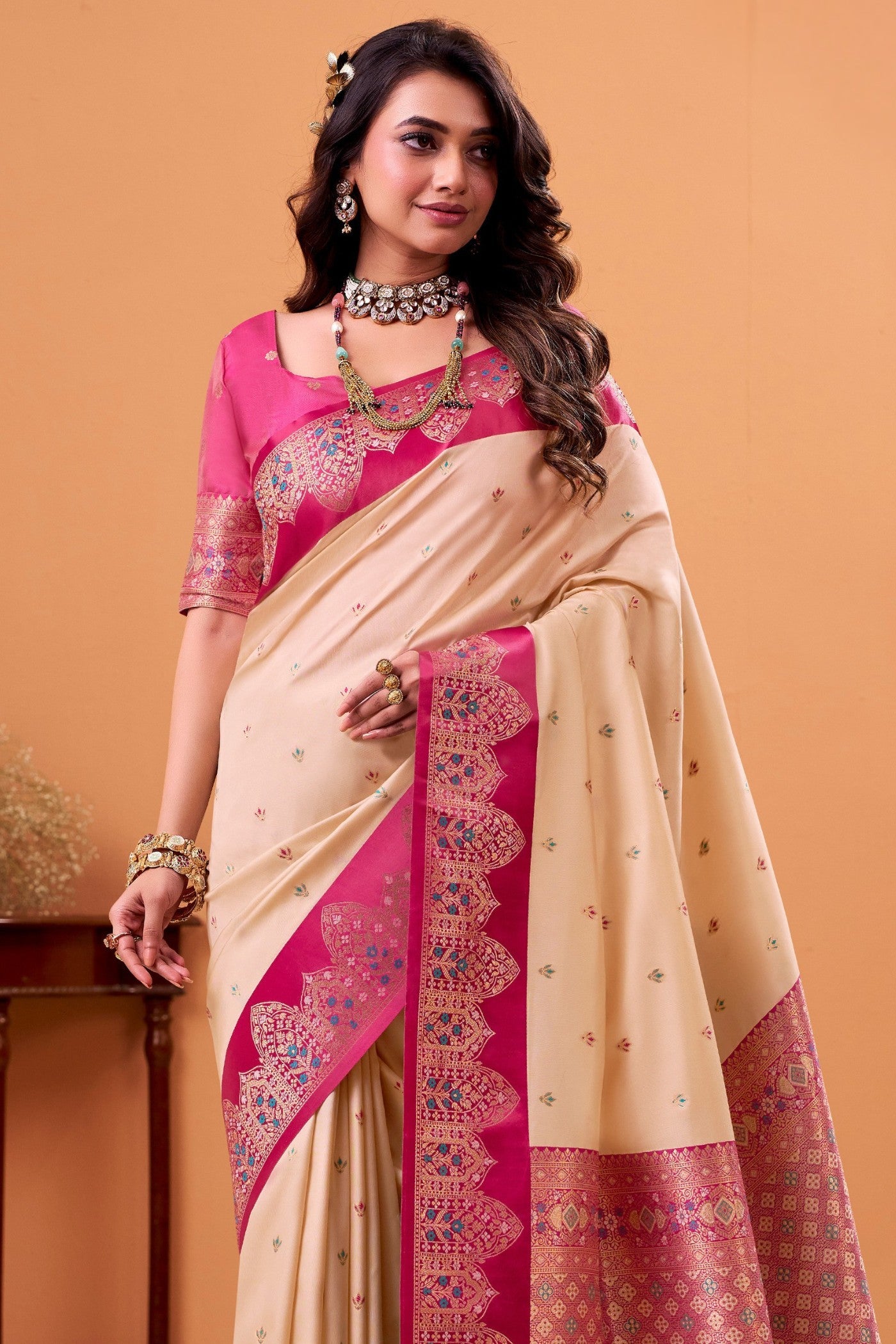 Buy MySilkLove Almond Cream Woven Satin Soft Silk Saree Online