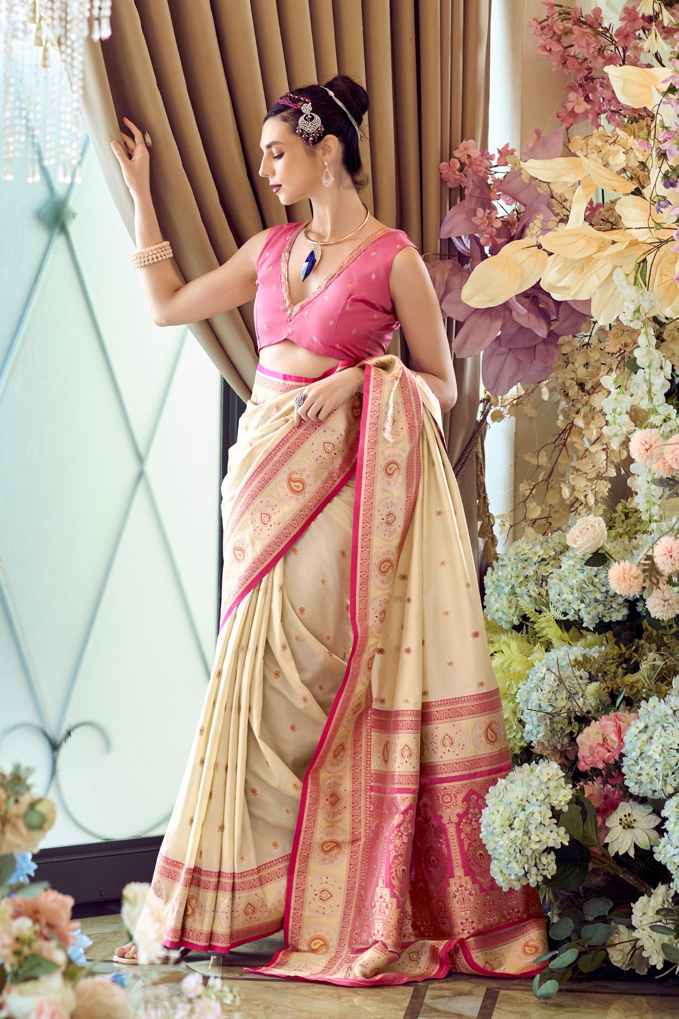 Buy MySilkLove Brandy Cream Woven Banarasi Soft Silk Saree Online