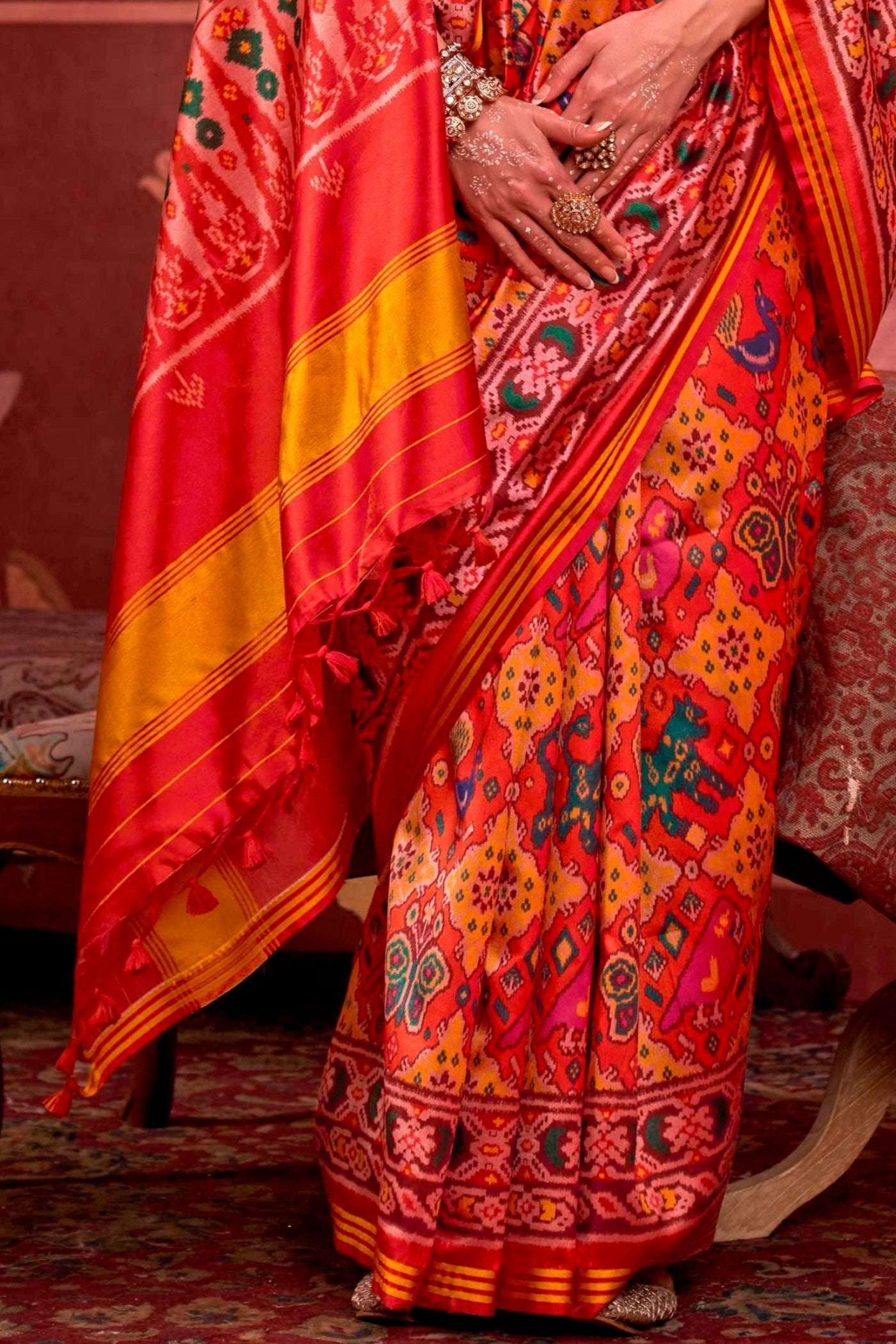 Buy MySilkLove Metor Orange Printed Patola Saree Online