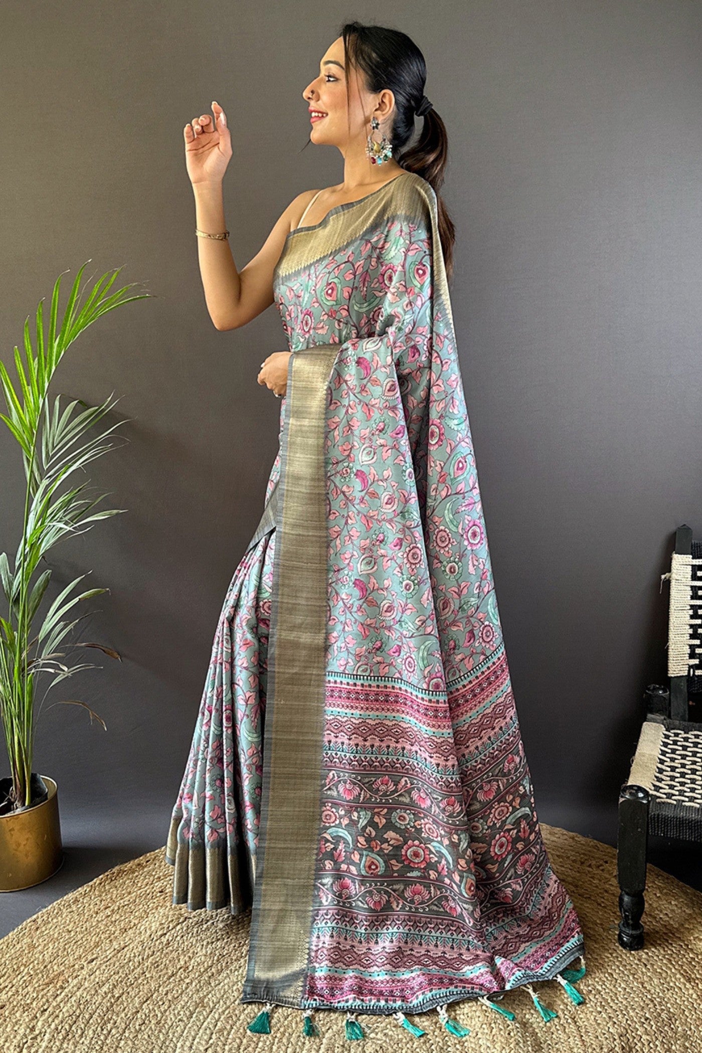 Buy MySilkLove Stone Grey Printed Tussar Silk Saree Online