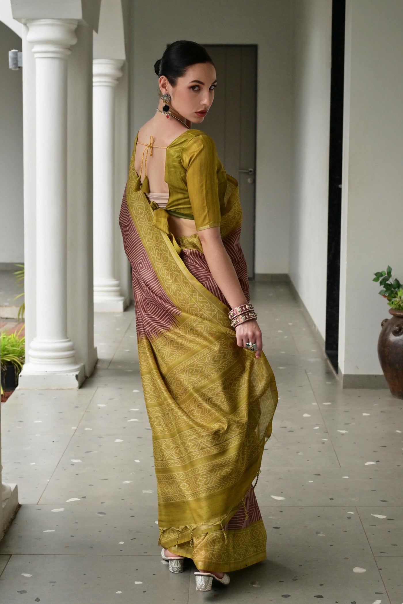 Buy MySilkLove Umber Brown and Green Printed Tussar Silk Saree Online