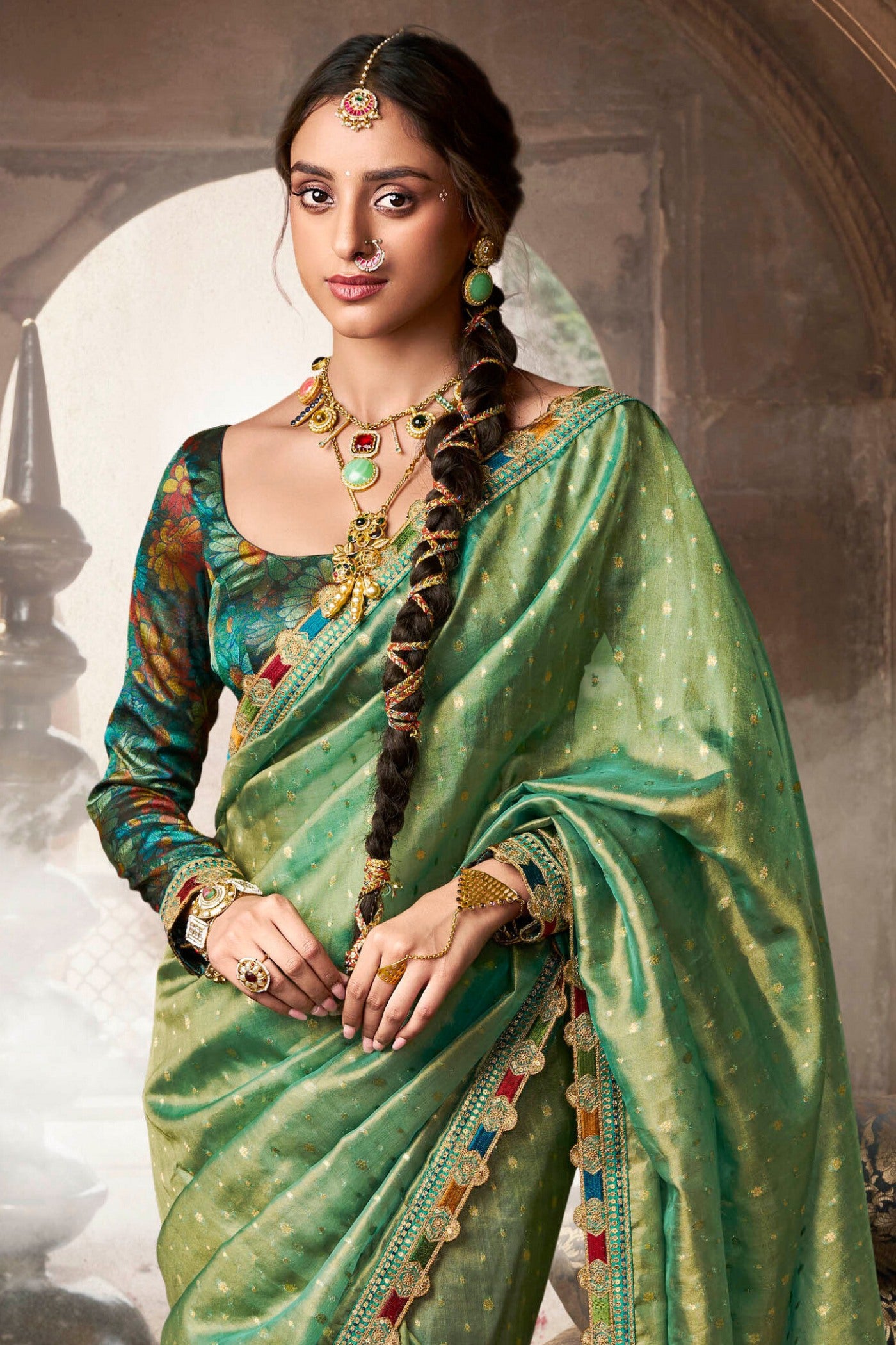 Buy MySilkLove Highland Green Tissue Designer Saree Online