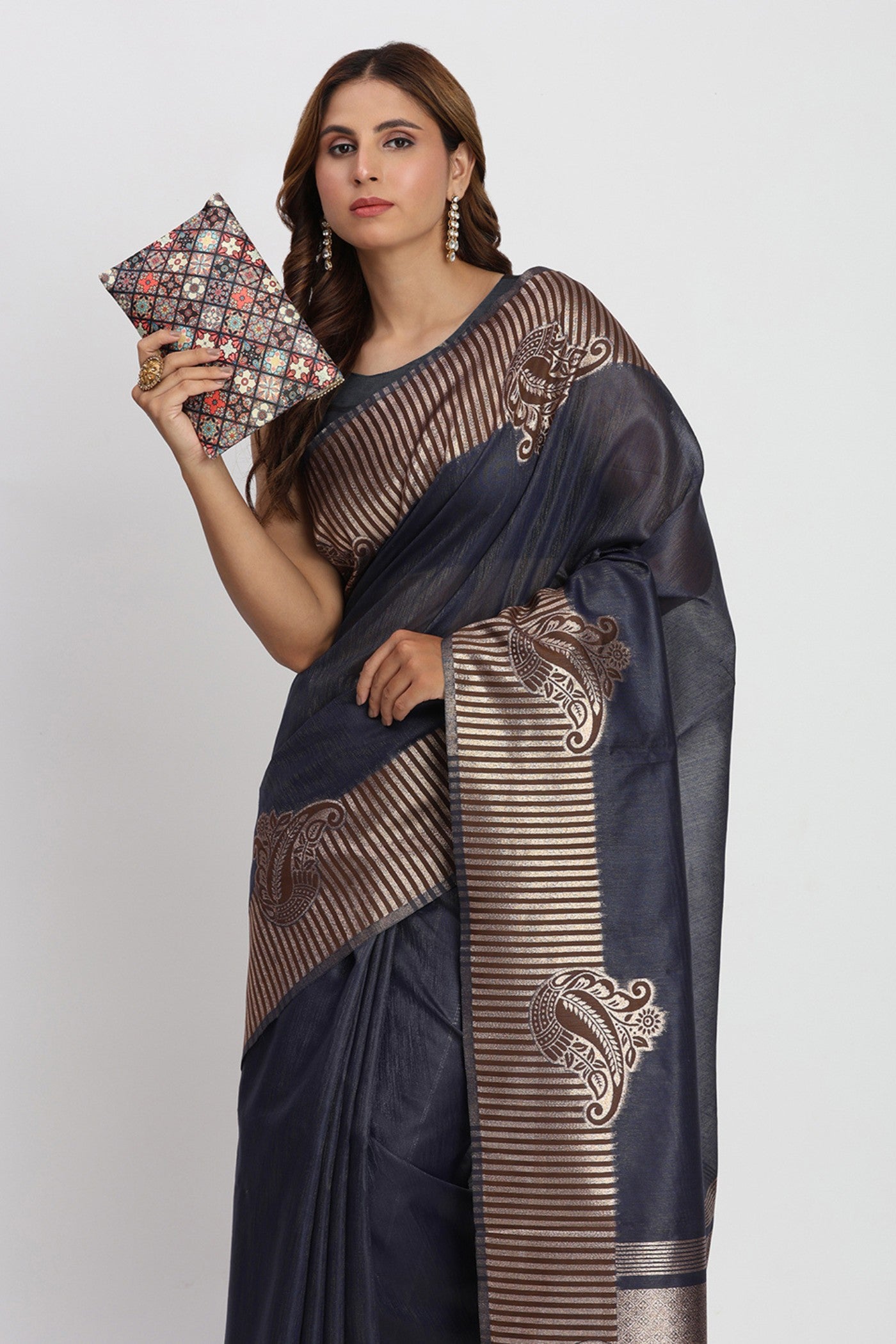 MySilkLove Navy Blue Woven Linen Cotton Saree