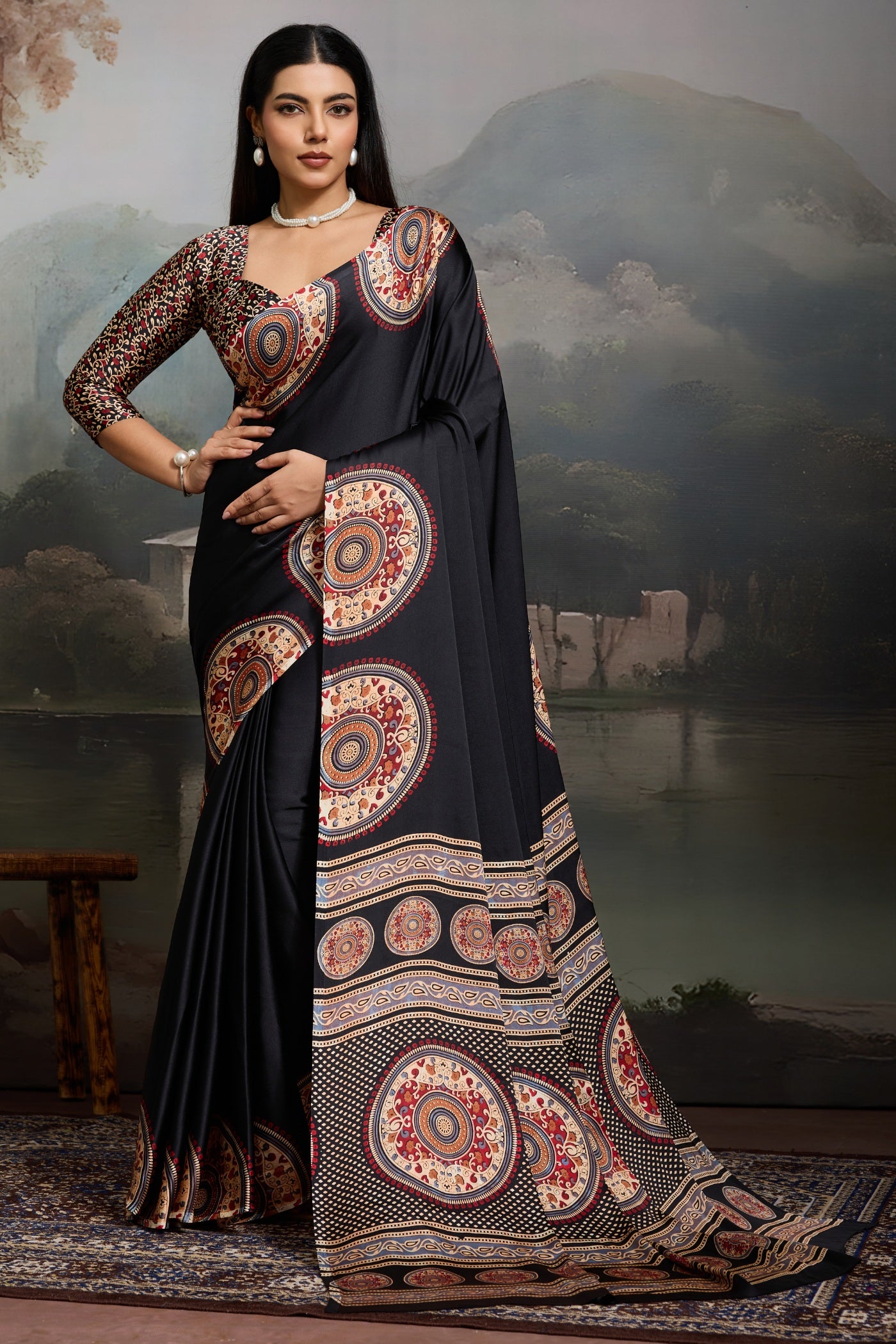 Buy MySilkLove Stone Black Modal Ajrakh Printed Silk Saree Online