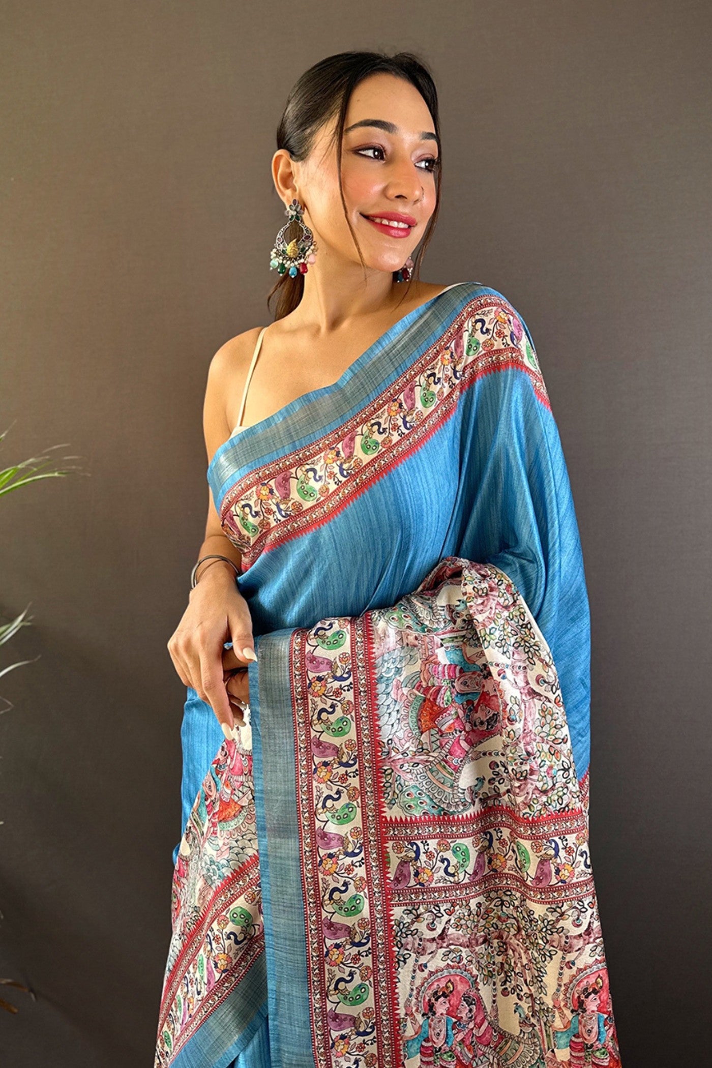 Buy MySilkLove Picton Blue Madhubani Printed Tussar Silk Saree Online