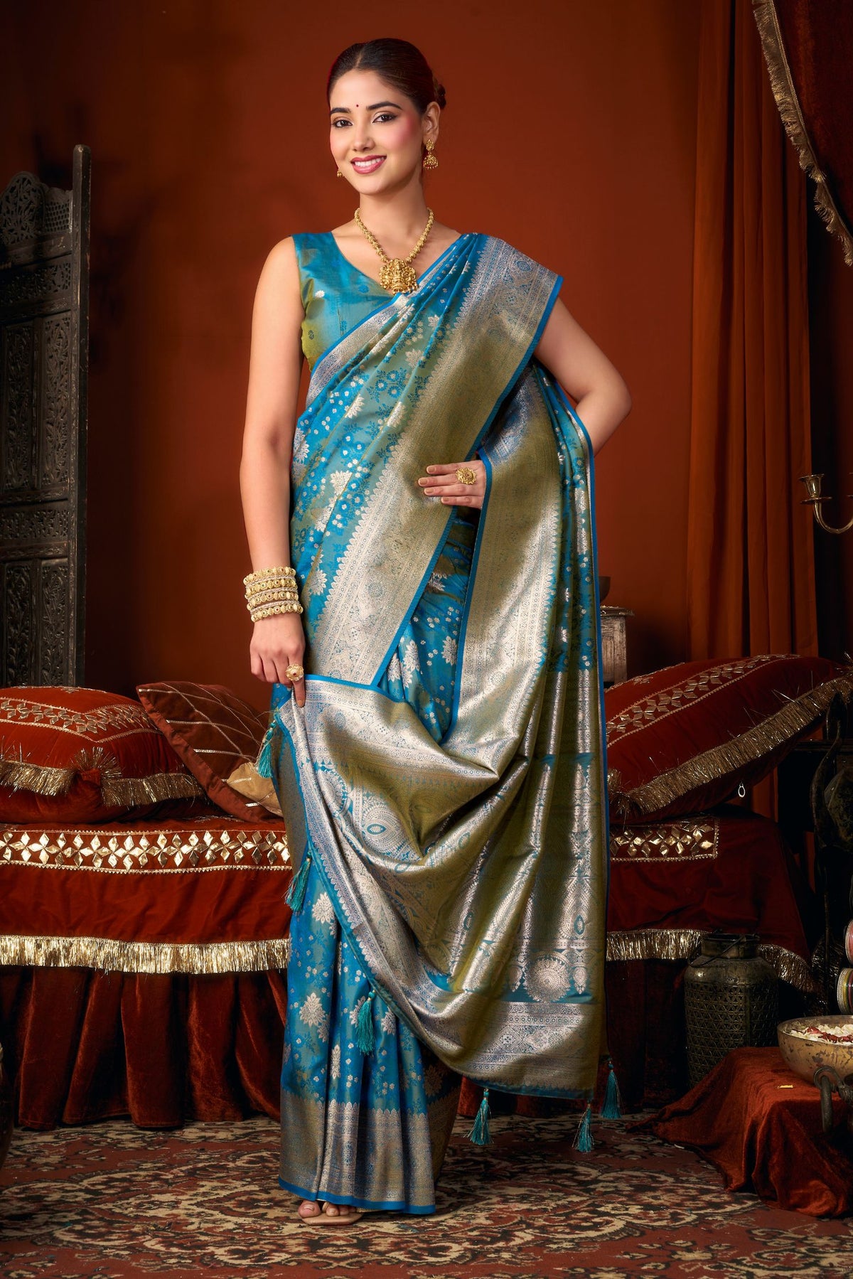 Buy MySilkLove Yale Blue Woven Banarasi Jacquard Soft Silk Saree Online