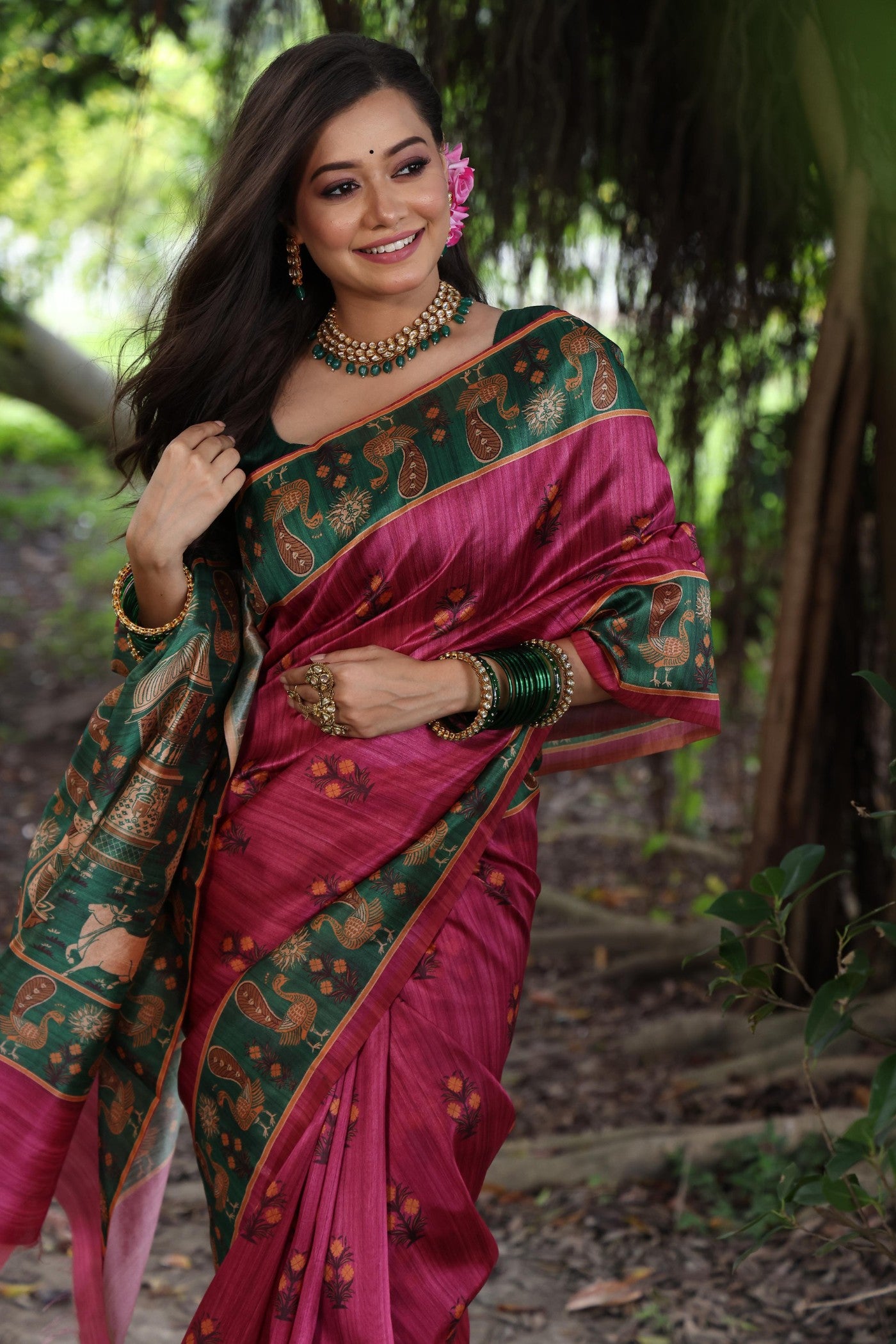 Buy MySilkLove Flamingo Pink Madhubani Tussar Printed Silk Saree Online