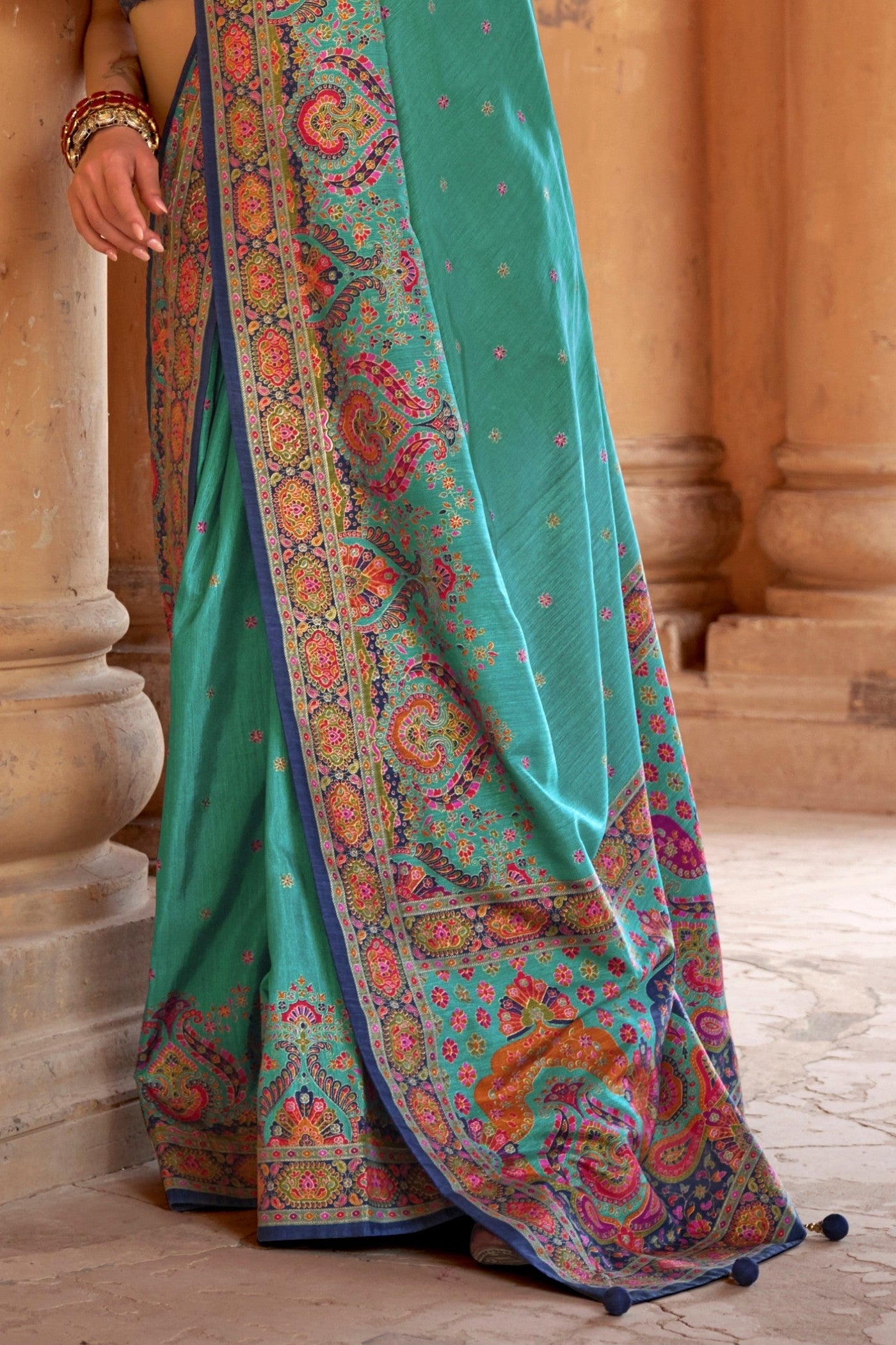 Buy MySilkLove Turquoise Green Printed Banarasi Saree Online