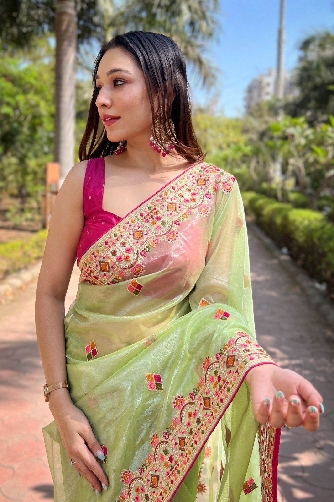 MySilkLove Pista Green Embroidered Tissue Silk Saree