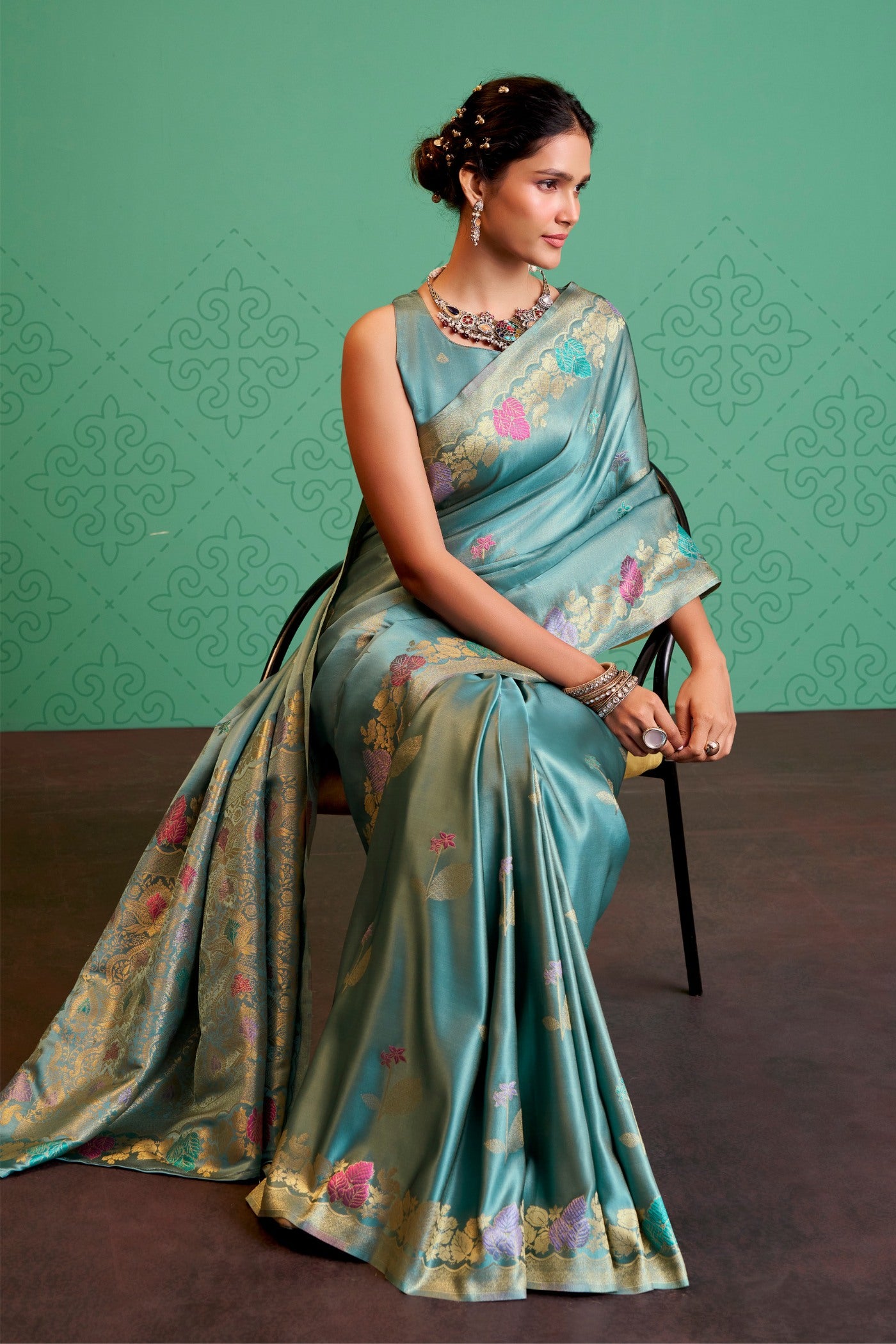 Buy MySilkLove Surfie Blue Handloom Satin Silk Saree Online