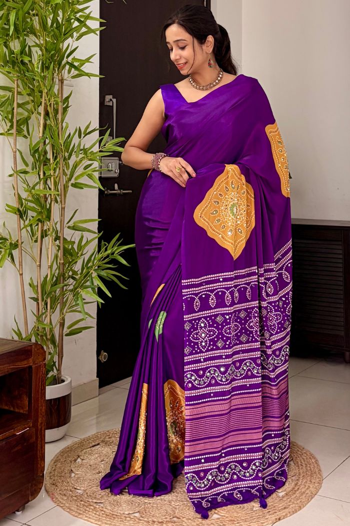 Buy MySilkLove Amethyst Purple Ajrakh Satin Printed Mirror Work Saree Online