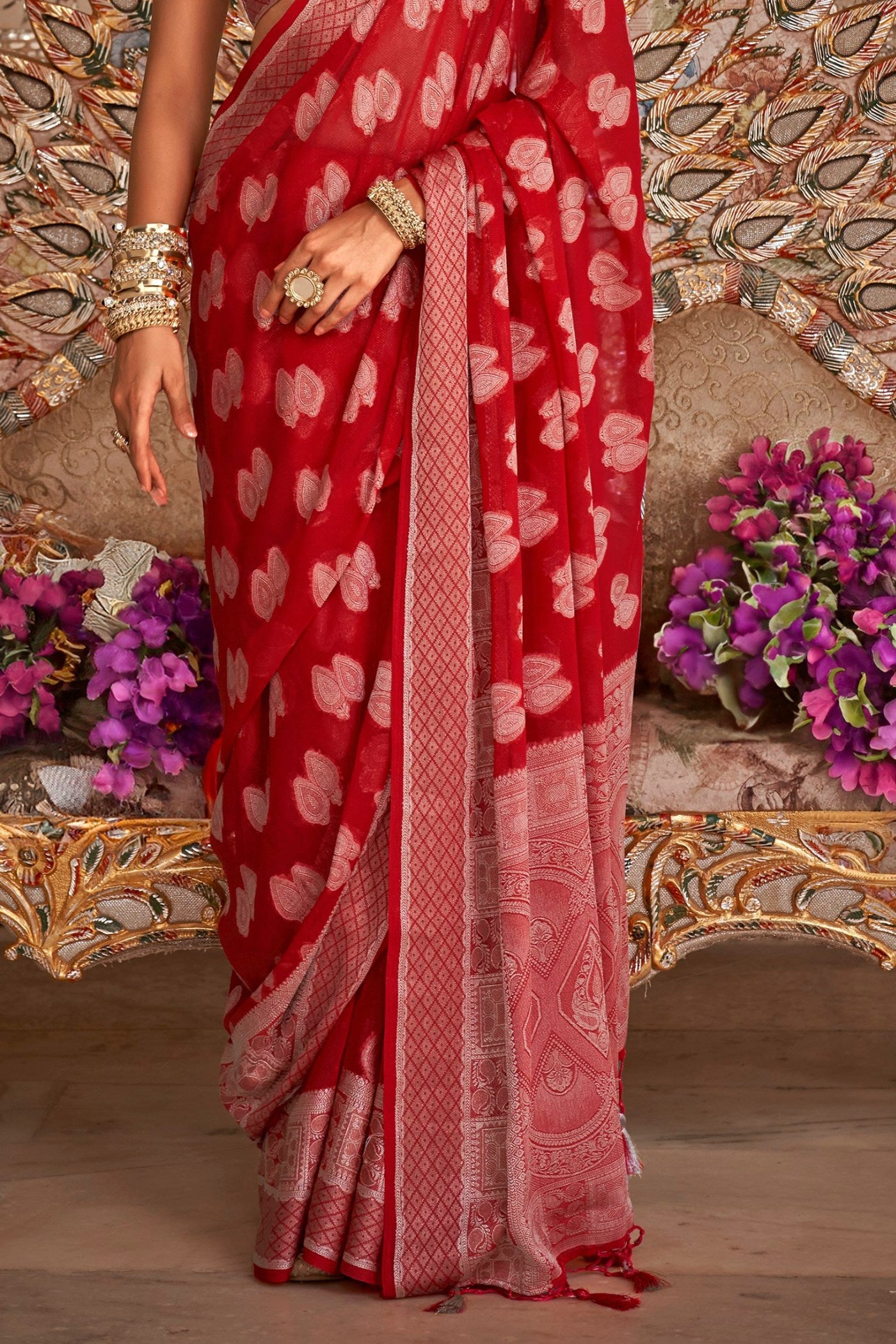 Buy MySilkLove Chilli Red Zari Woven Georgette Saree Online