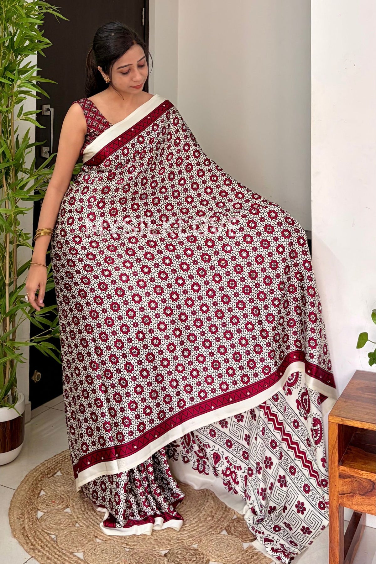 Buy MySilkLove Buttercream and Maroon Satin Printed Mirror Work Saree Online