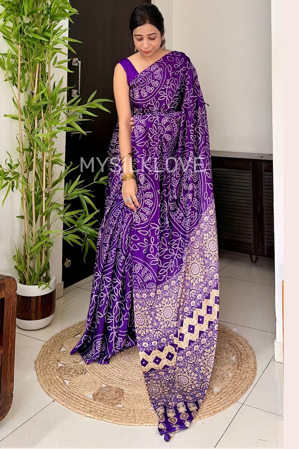 Buy MySilkLove Affair Purple Bandhani Fusion Ajrakh Pallu Mirror Work Saree Online