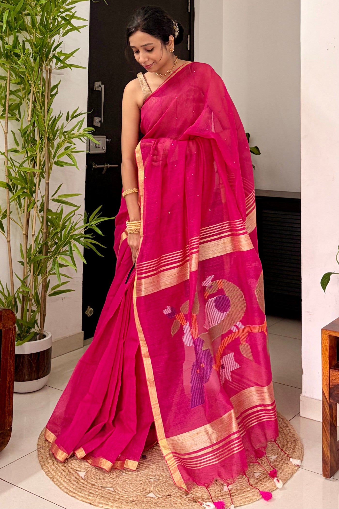 Buy MySilkLove Zinnia Pink Handloom Chanderi Cotton Silk Saree Online