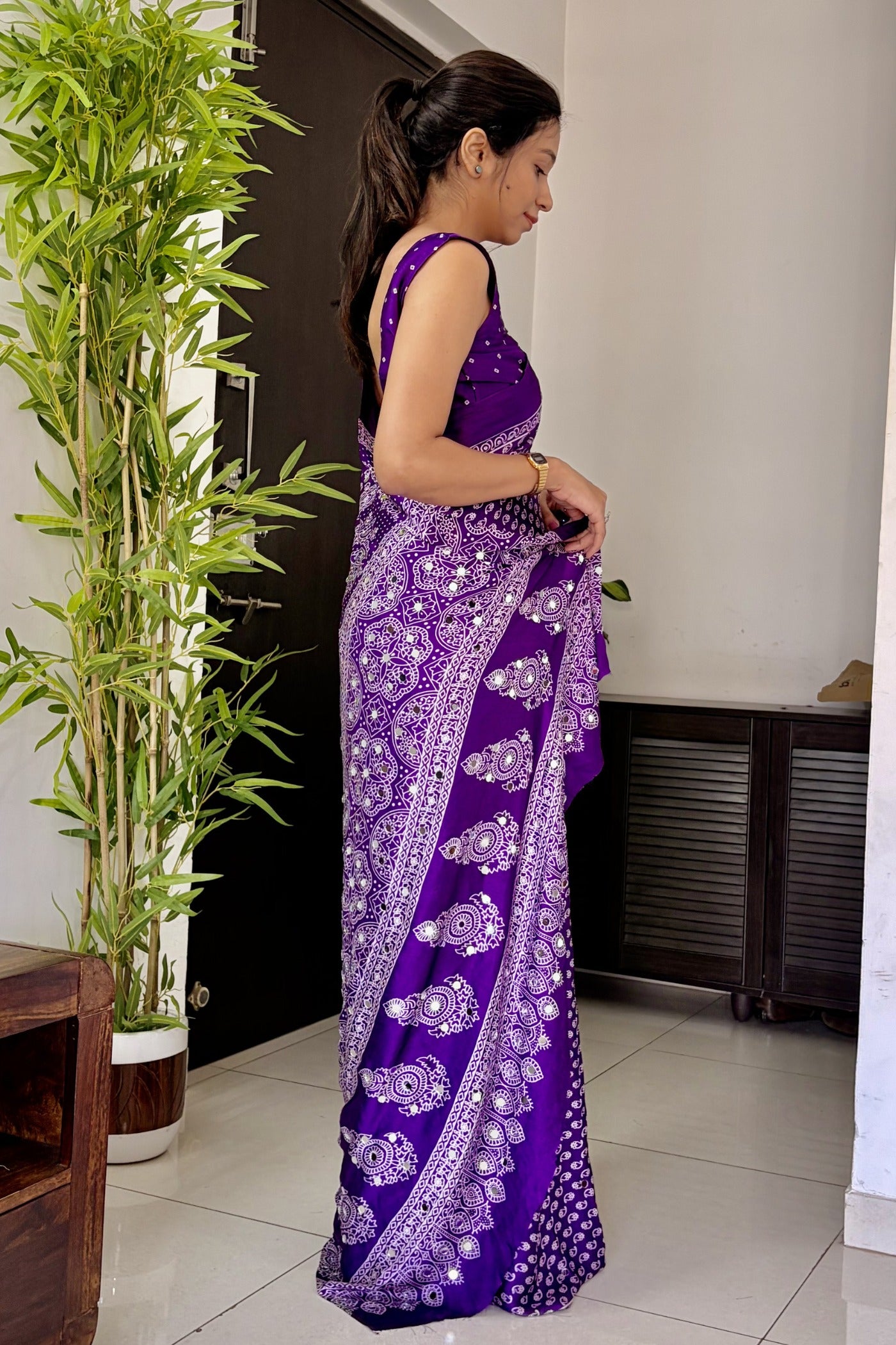 Buy MySilkLove True Purple Modal Ajrakh Satin Printed Mirror Work Saree Online