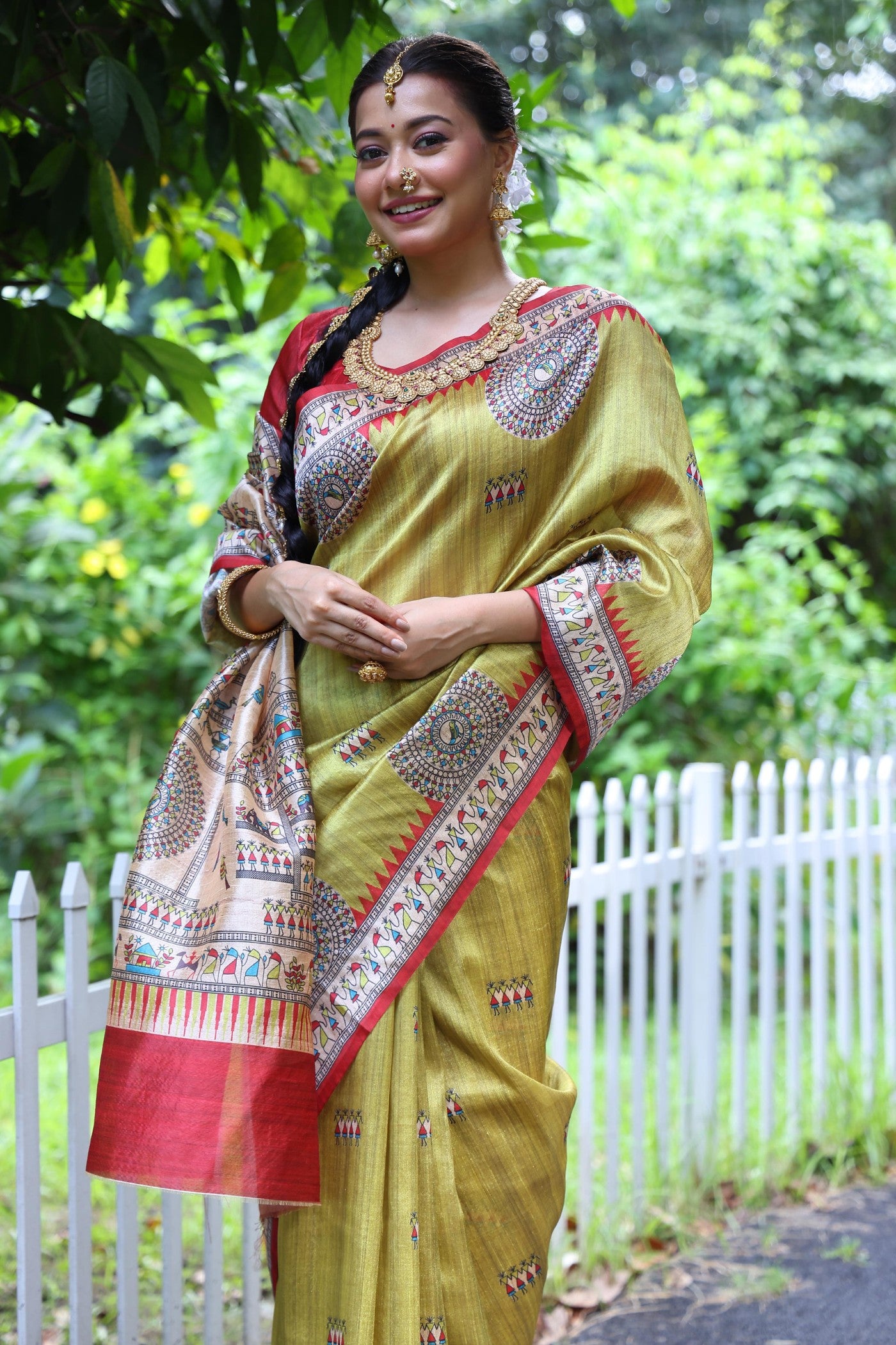 Buy MySilkLove Light Green Madhubani Tussar Printed Silk Saree Online