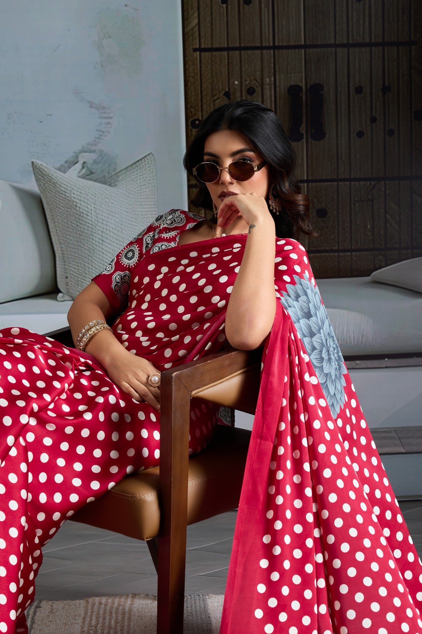 MySilkLove Melon Red Printed Polka Dots Satin Crepe Saree