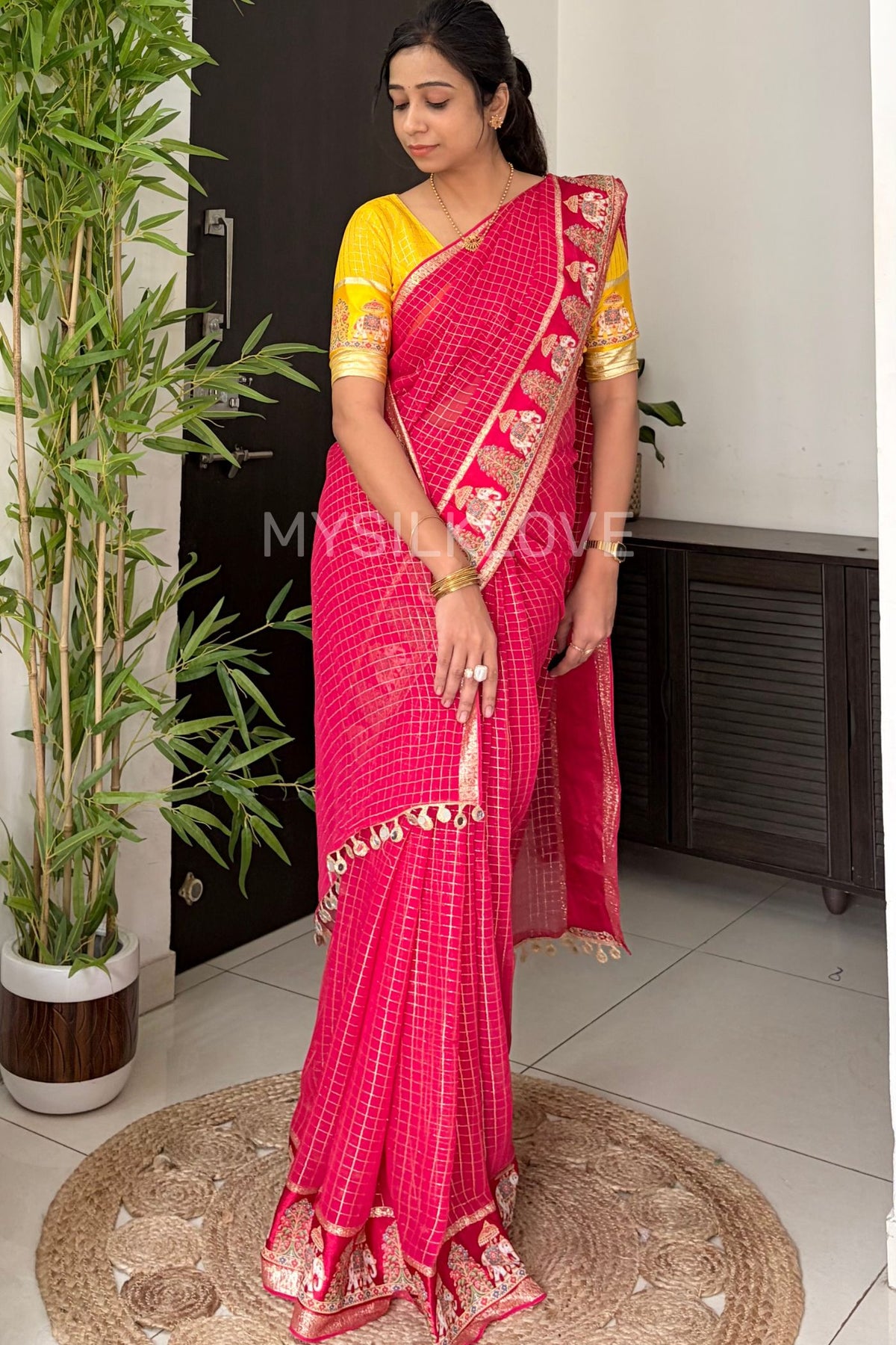Buy MySilkLove Pink Lotus Georgette Check Pattern Designer Saree With Contrast Blouse Online