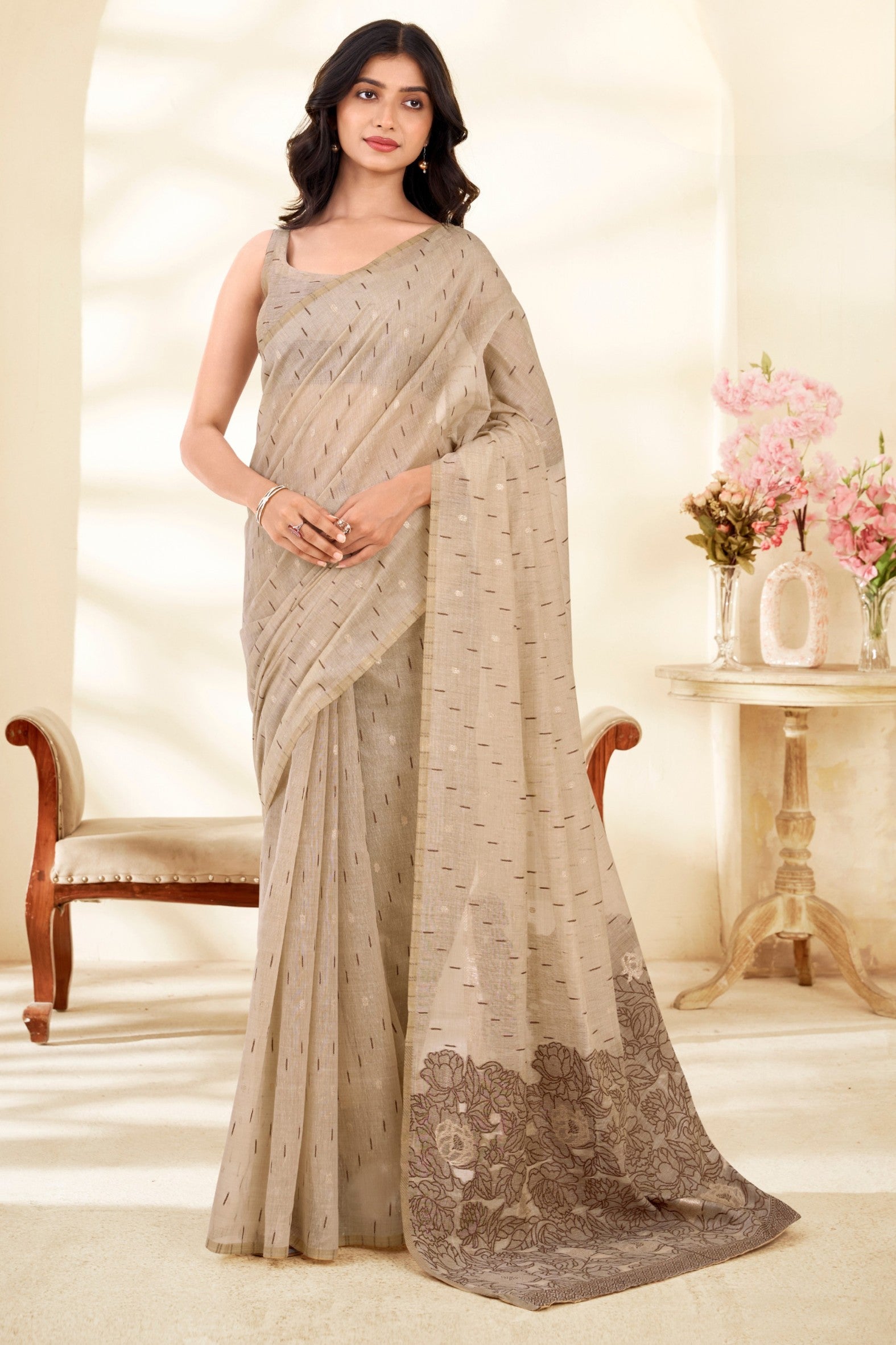 Buy MySilkLove Luxe Cream and Brown Woven Modal Cotton Saree Online