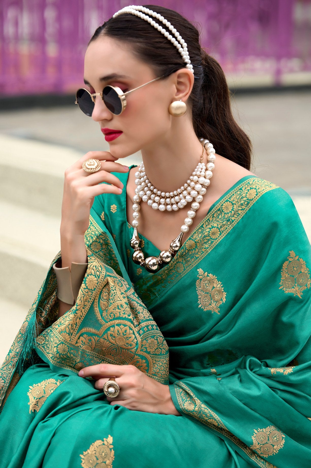 Buy MySilkLove Viridian Green Banarasi Handloom Satin Saree Online