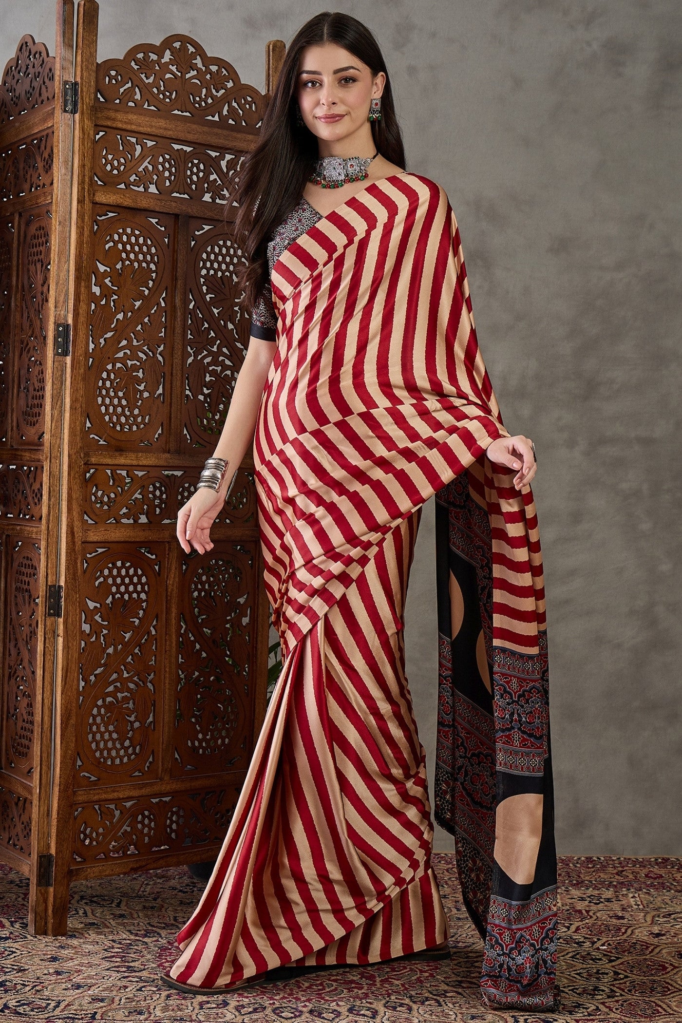 Buy MySilkLove Venetian Red Stripe Ajrakh Printed Satin Gaji Silk Saree Online