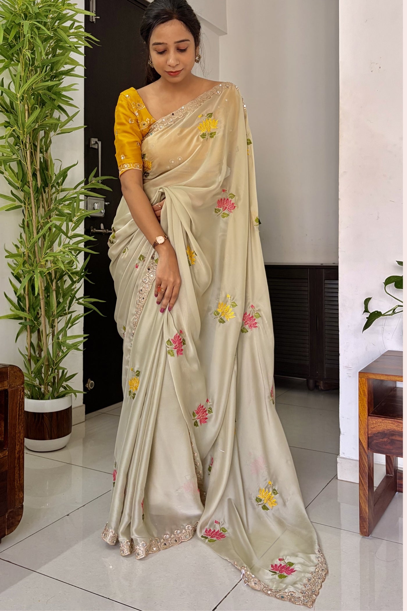 Buy MySilkLove Dutch Cream and Yellow Embroidery Chiffon Floral Saree Online