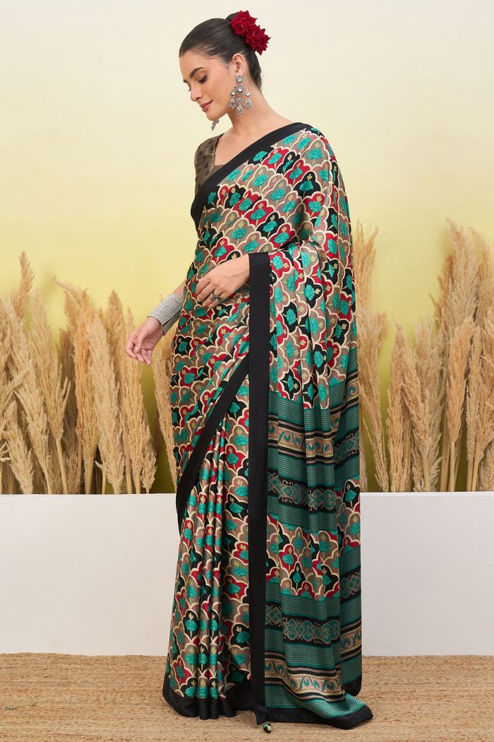 Buy MySilkLove Wild Blue and Black Modal Satin Printed Silk Saree Online