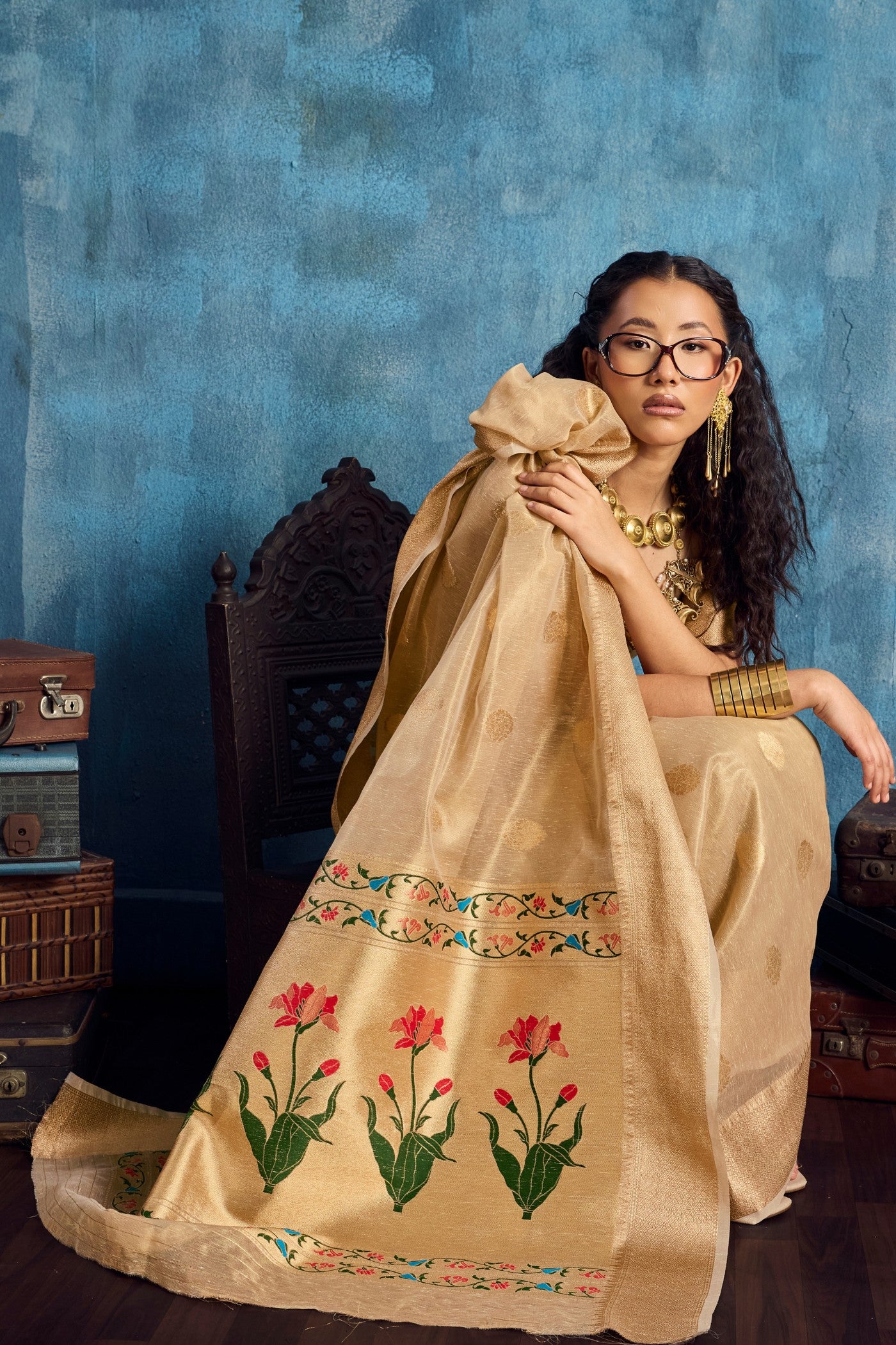 Buy MySilkLove Pastel Cream Zari Woven Tissue Paithani Saree Online