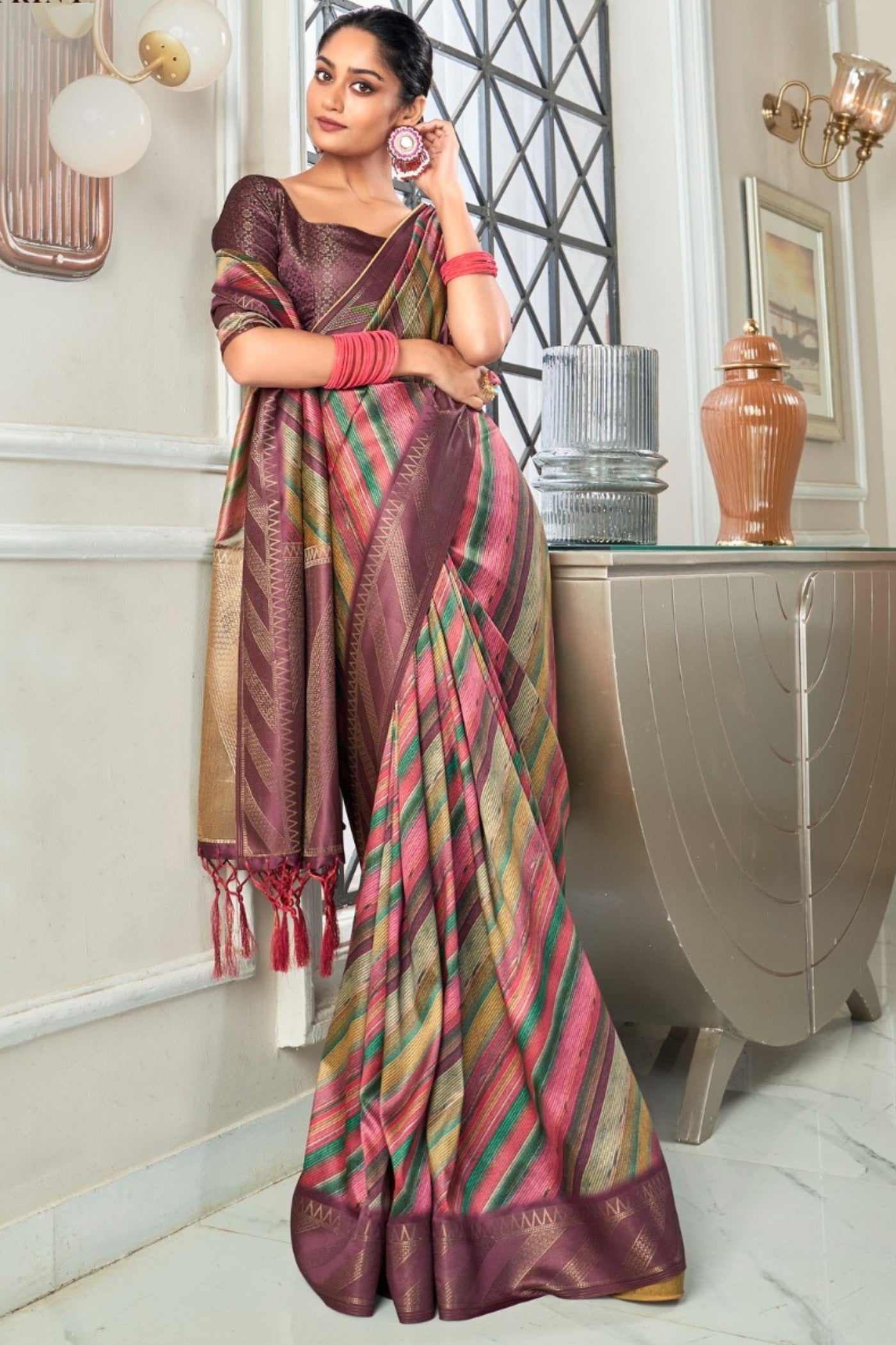 Buy MySilkLove Roman Coffee Brown Digital Printed Banarasi Saree Online