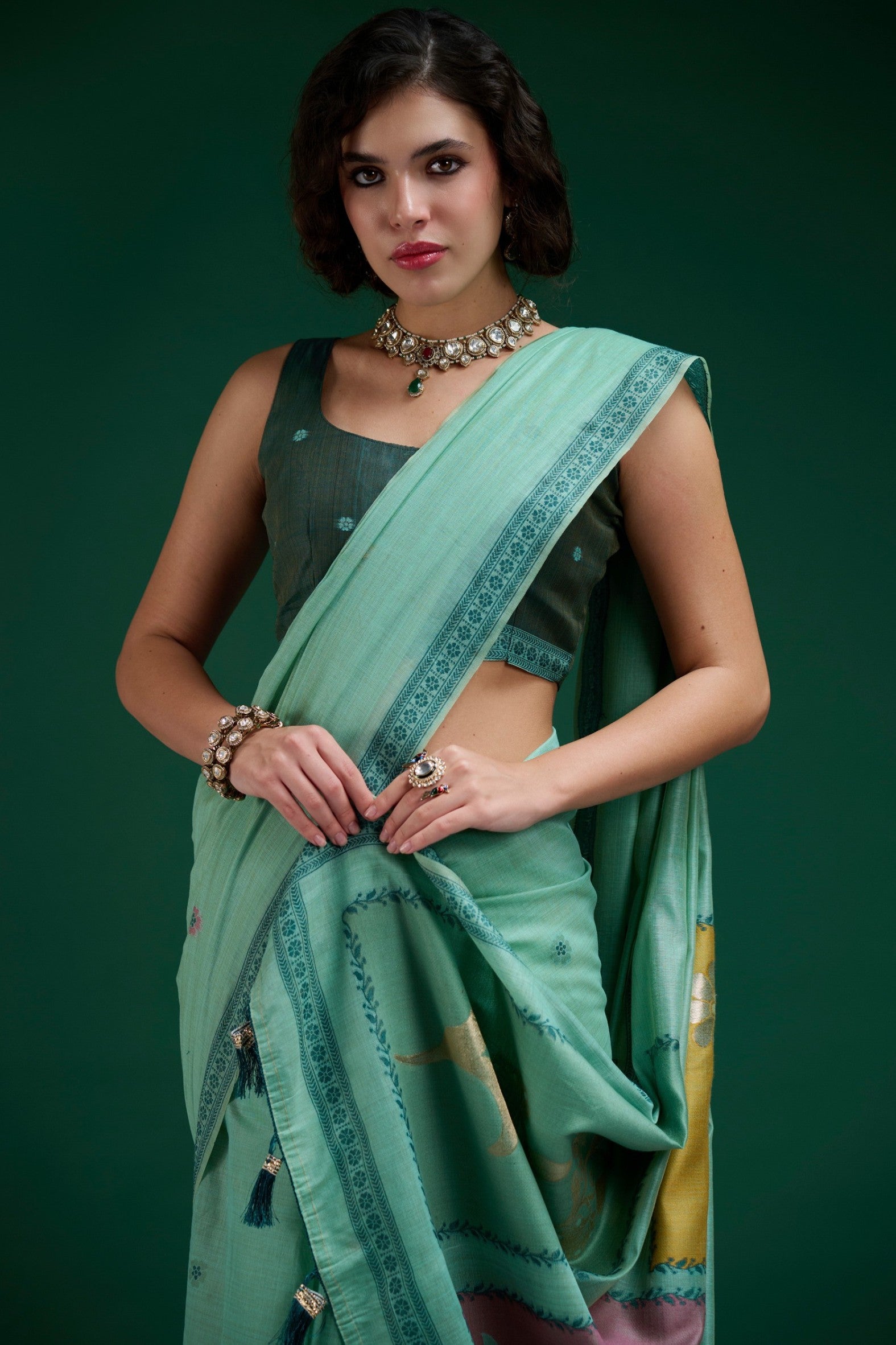 Buy MySilkLove Spring Blue Jamdani Woven Muga Cotton Saree Online