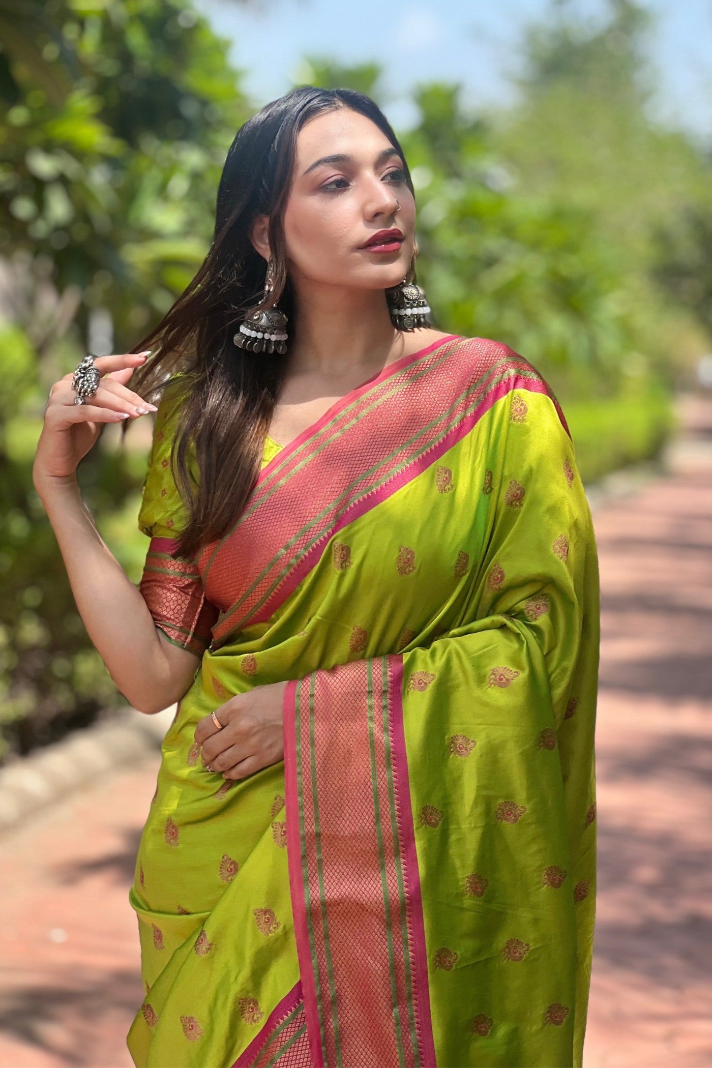 MySilkLove Citron Green Woven Paithani Saree